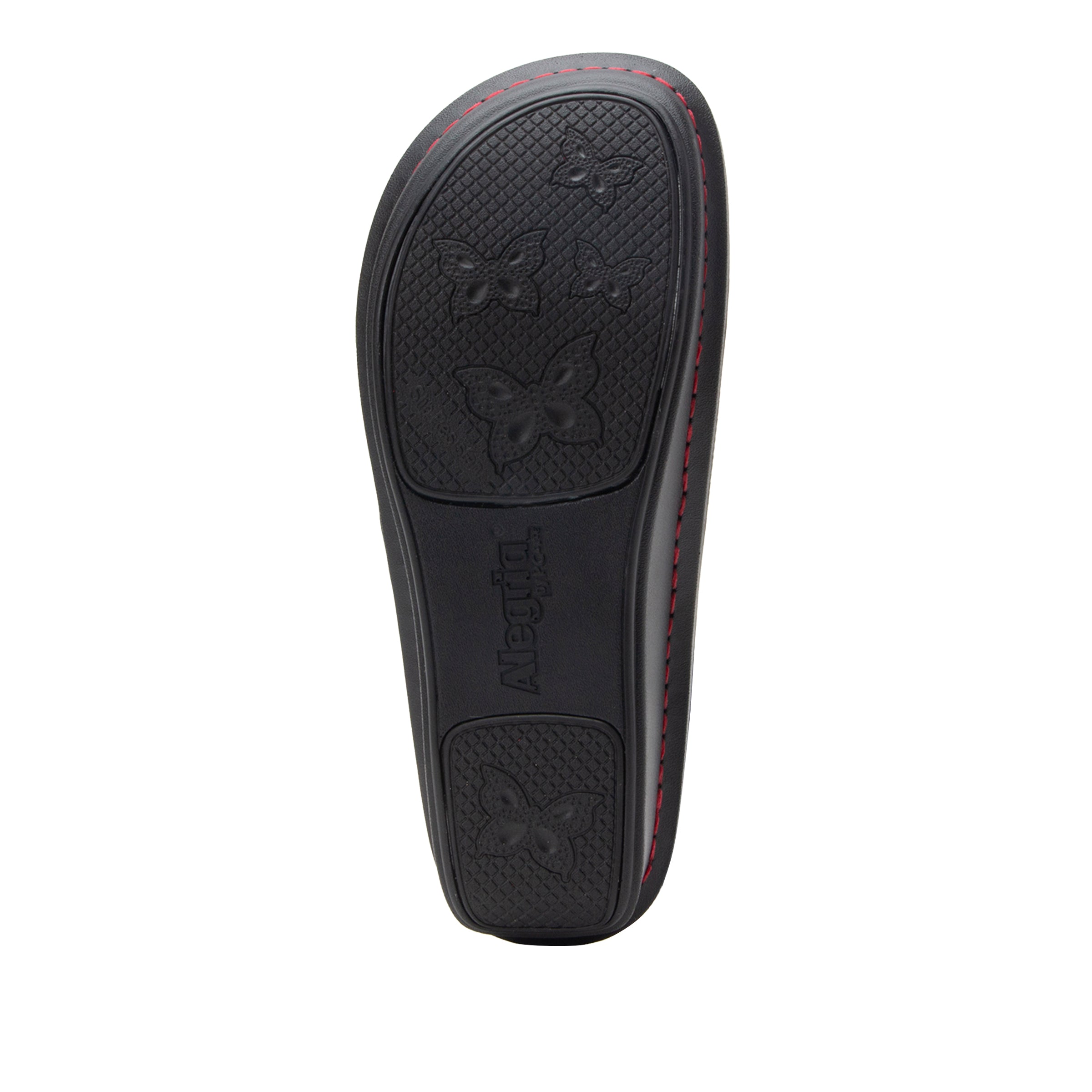 Black shoe sole with brand logo on a white background