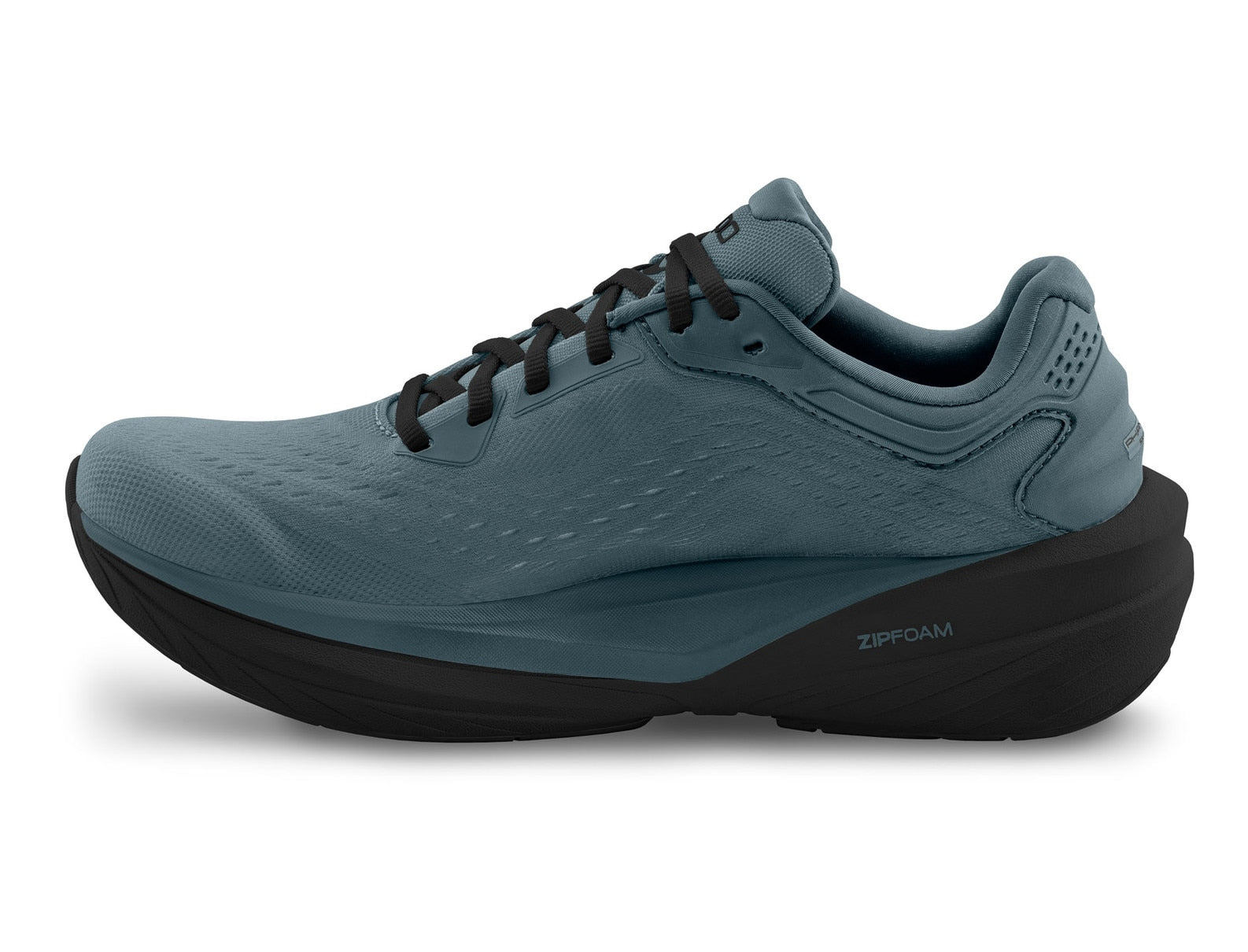 Blue running shoe with black sole on a white background