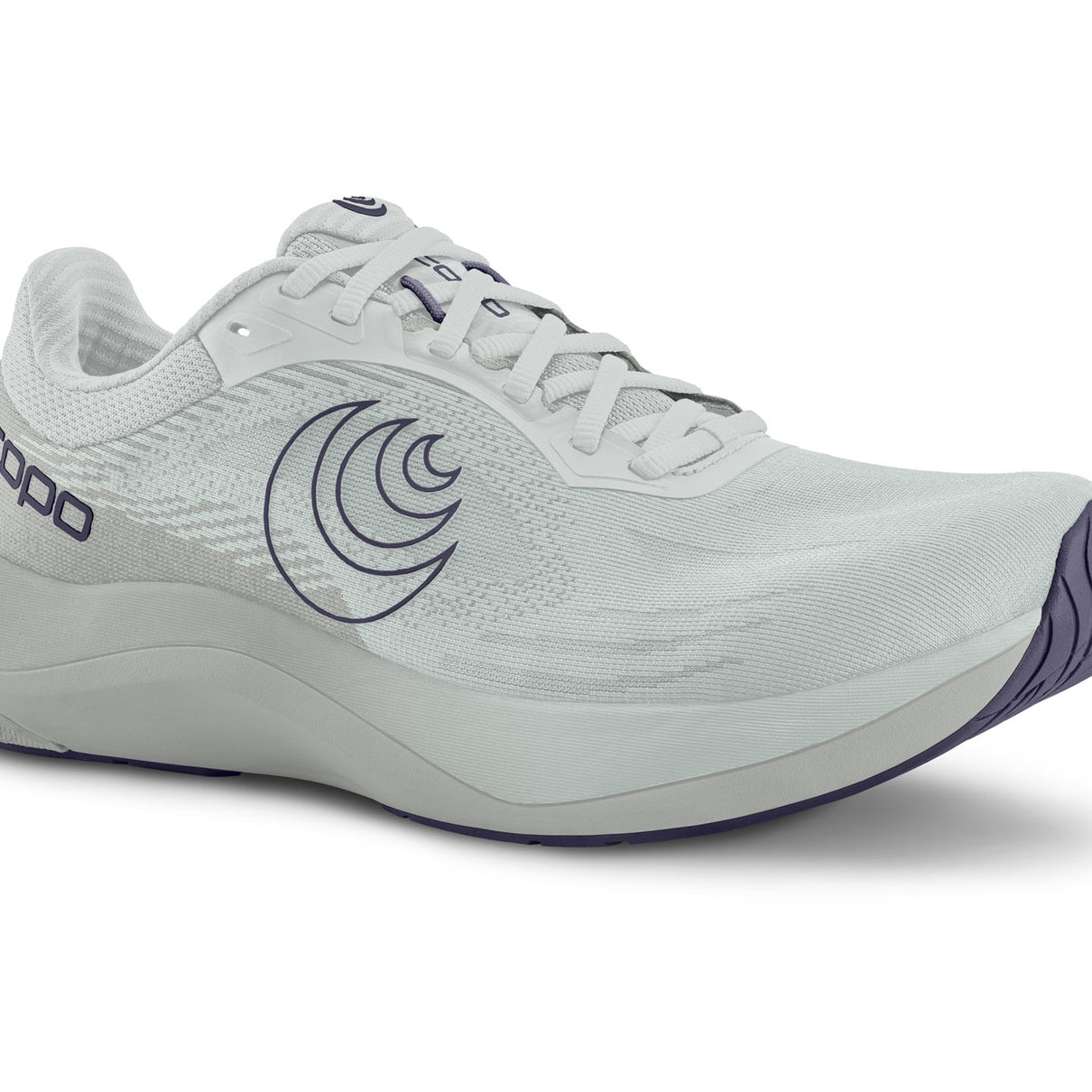 White running shoe with purple sole on a white background
