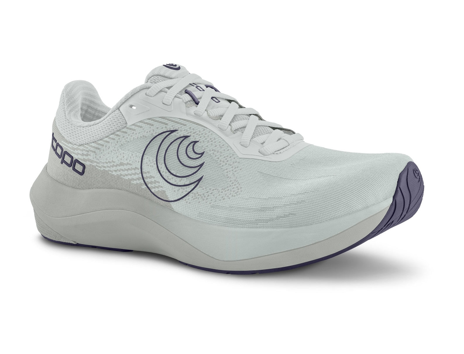White running shoe with purple sole on a white background