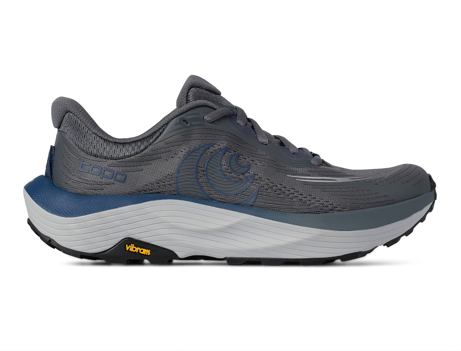 Gray running shoe with blue sole on a white background