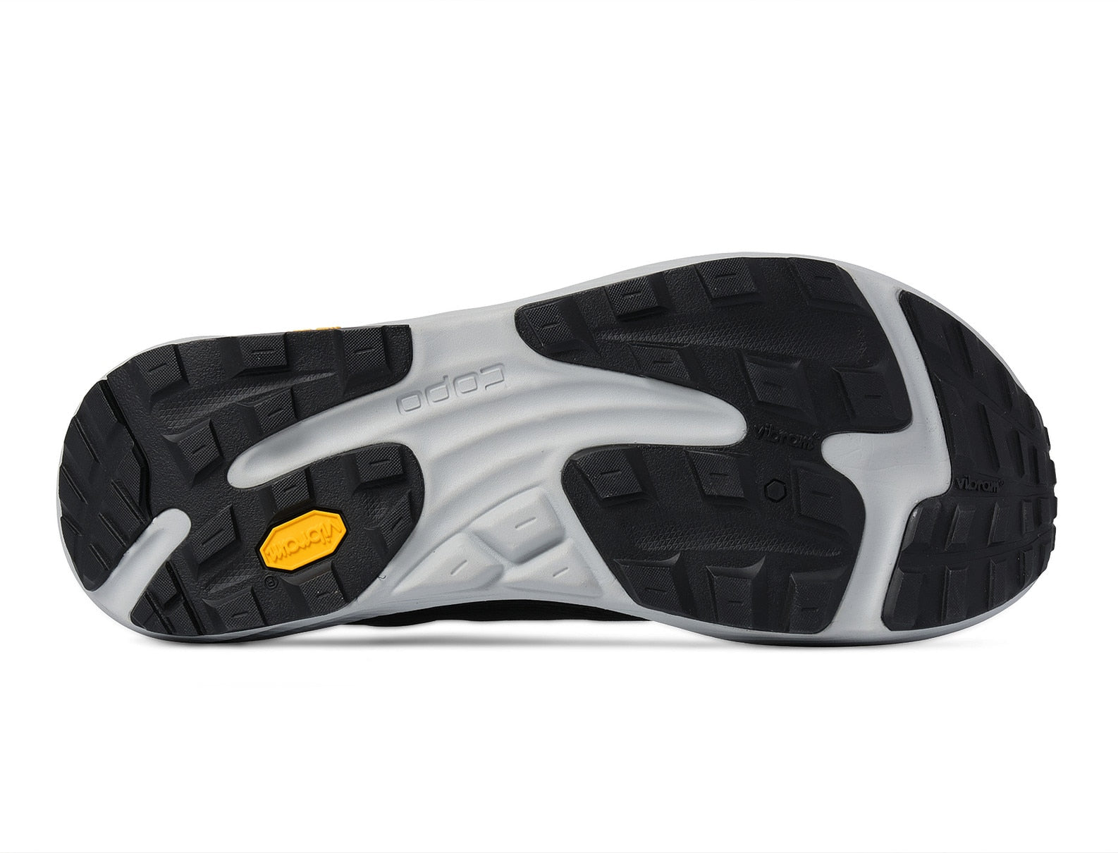 Close-up of a shoe sole with a brand logo on a white background