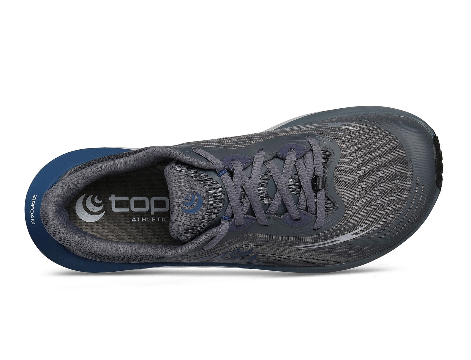 A close-up side view of a dark gray and navy blue running shoe, showing the side profile, laces, and textured outsole.