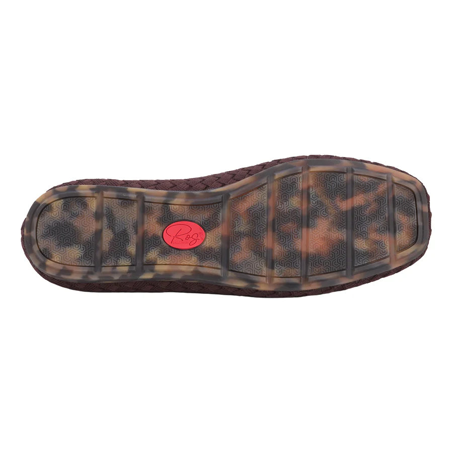 Brown shoe sole with a red logo on a white background