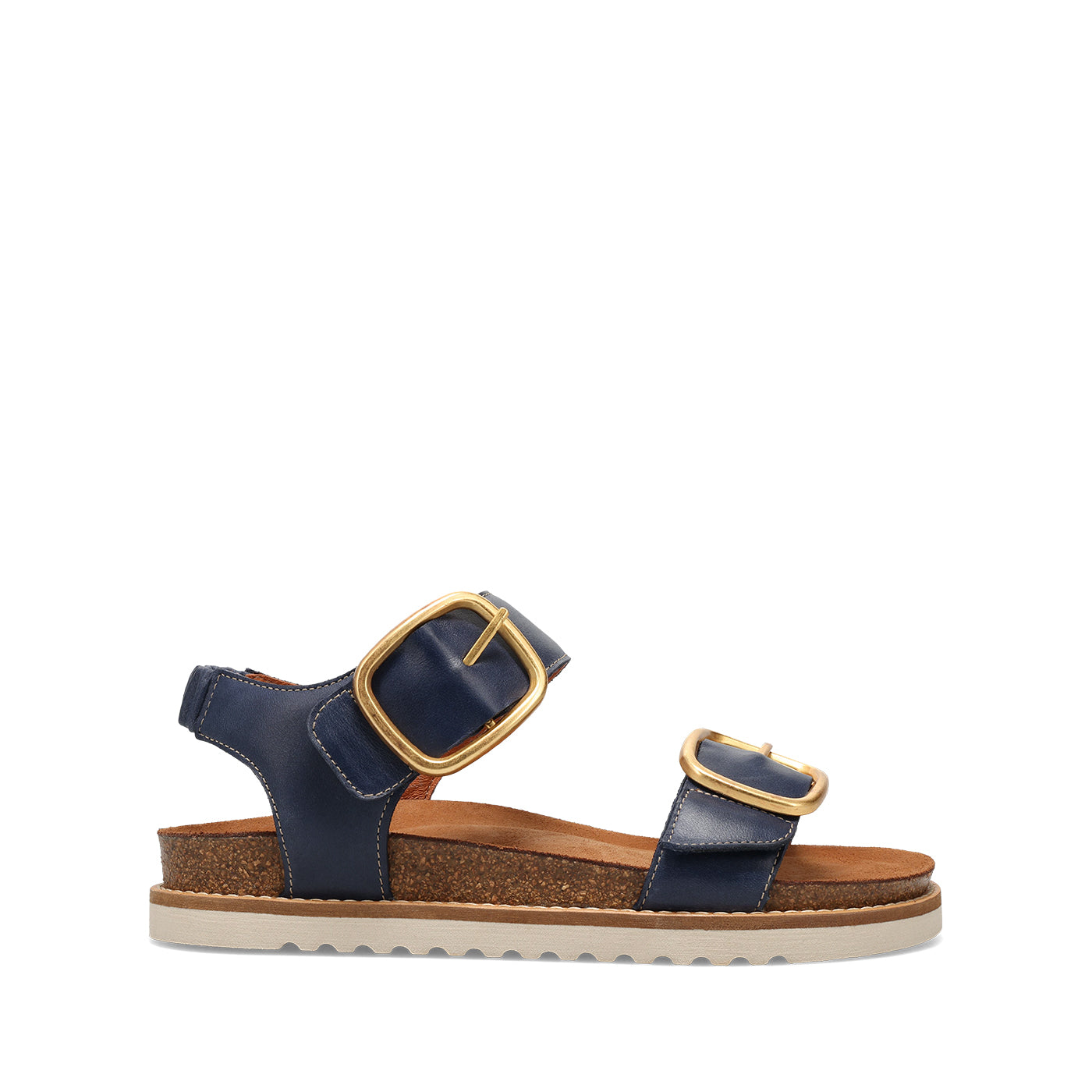 Navy sandal with gold buckle on a white background