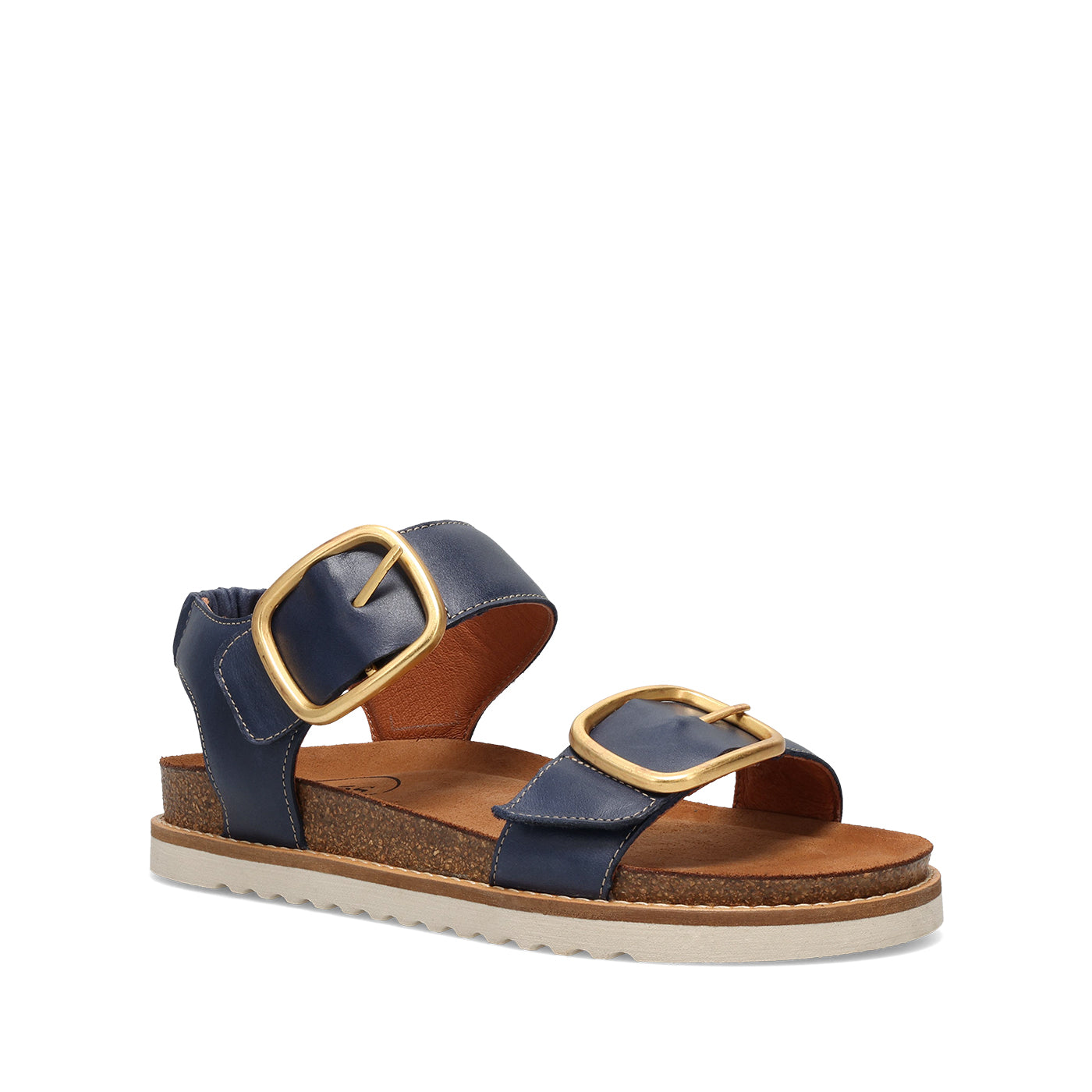Navy blue sandal with gold buckles on a white background