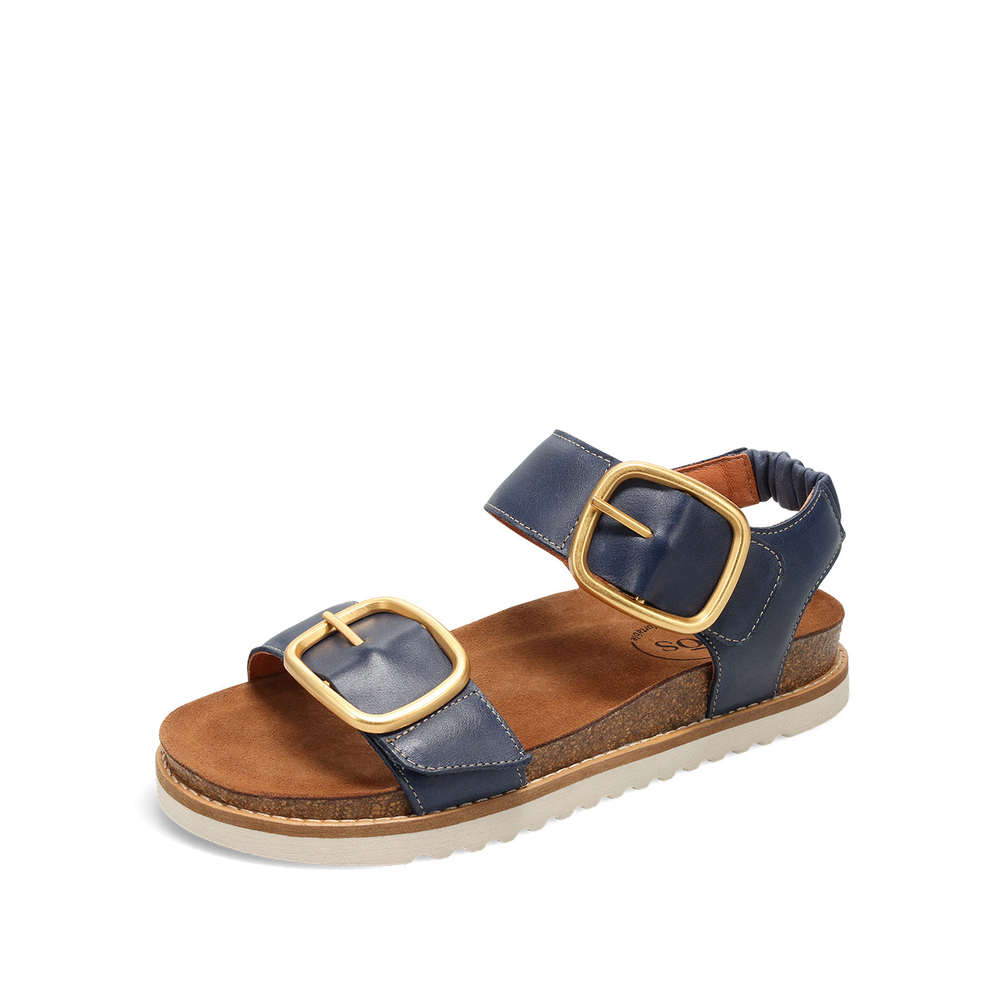 Navy and brown sandal with gold buckle on a white background