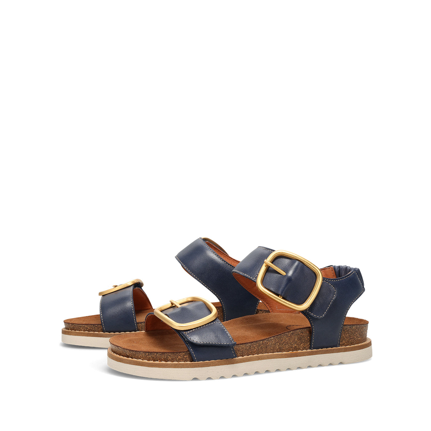 Pair of blue sandals with gold buckles on a white background