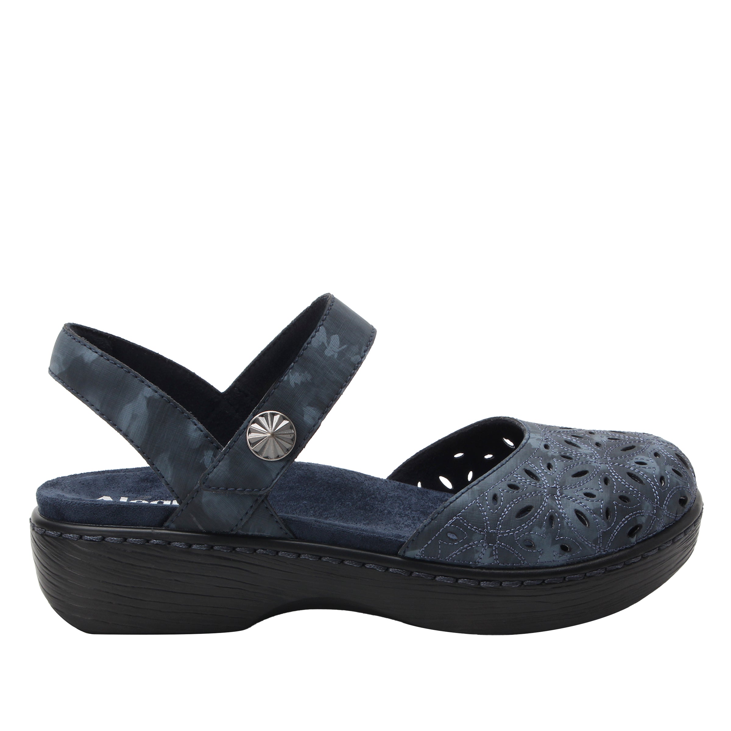 Navy blue sandal with a platform sole on a white background