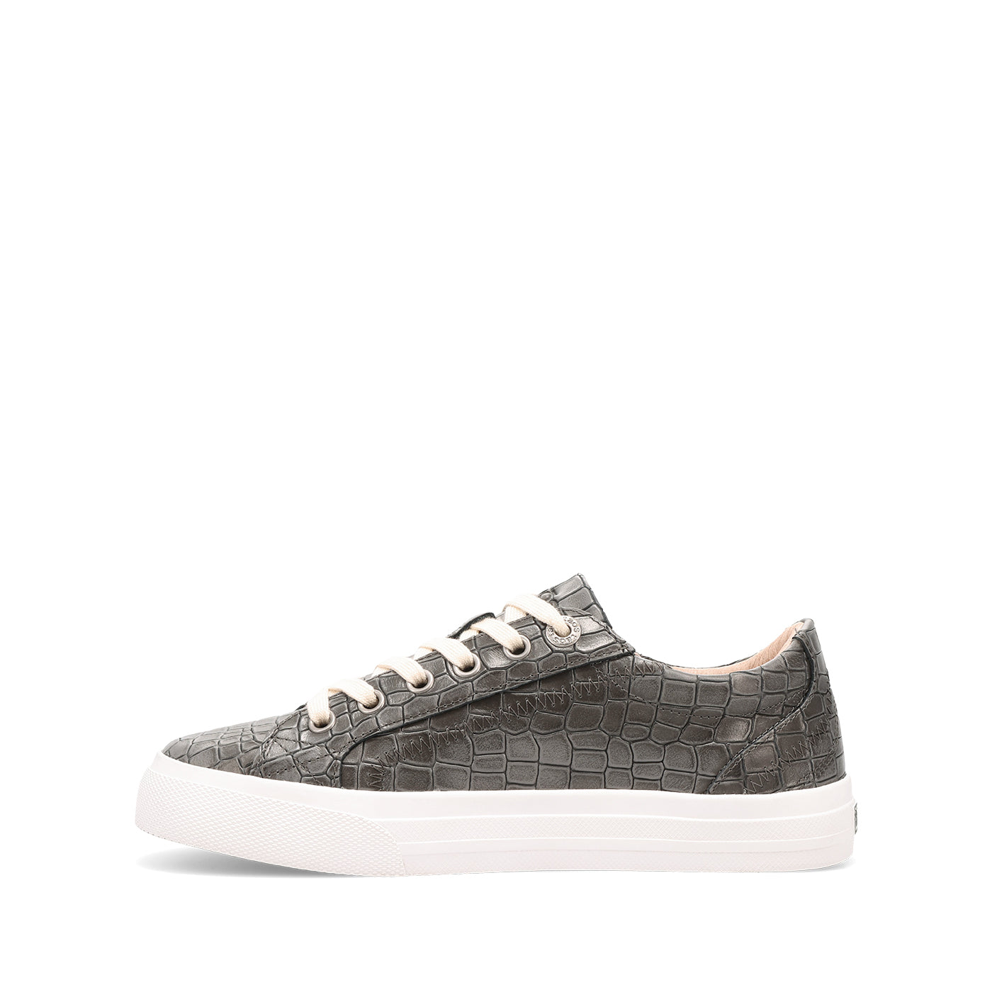 A low-top sneaker featuring a dark gray crocodile-embossed leather upper, cream-colored laces, and a thick white platform sole, shown from a side profile on a white background.