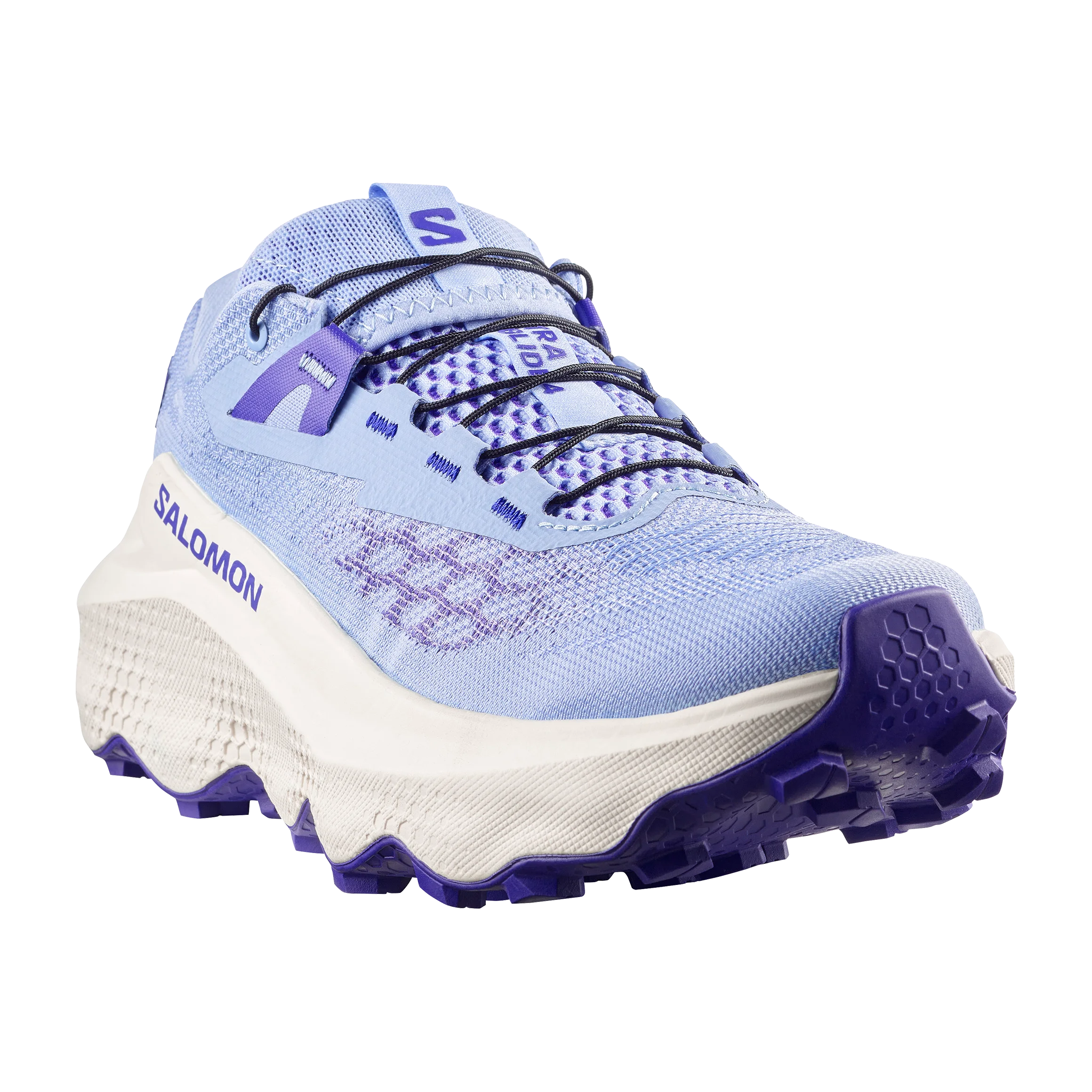 Blue and purple Salomon running shoe on a white background