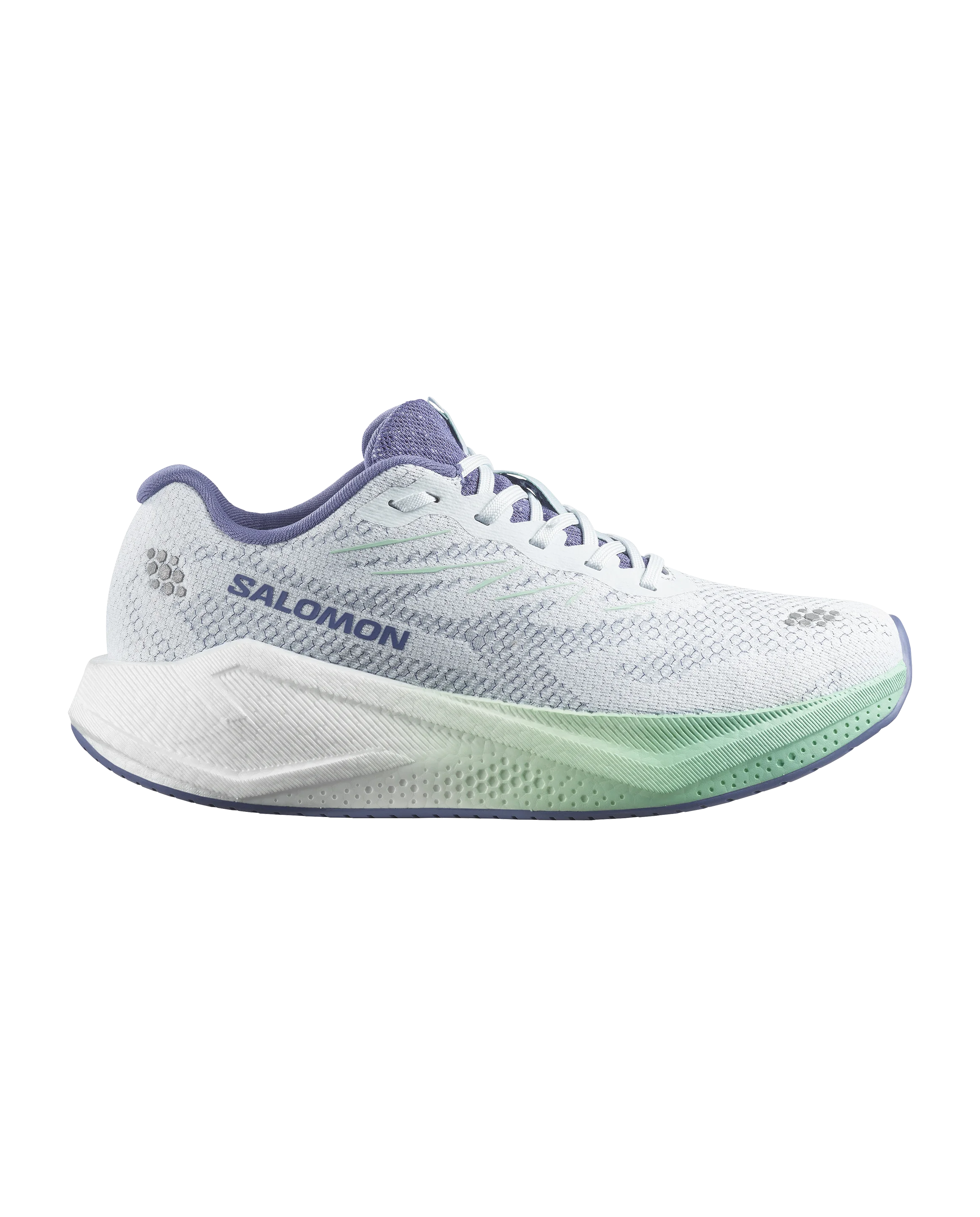 A Salomon running shoe in white with purple accents on the tongue, collar, and branding, and a mint green translucent accent on the midsole outsole, shown against a plain white background.