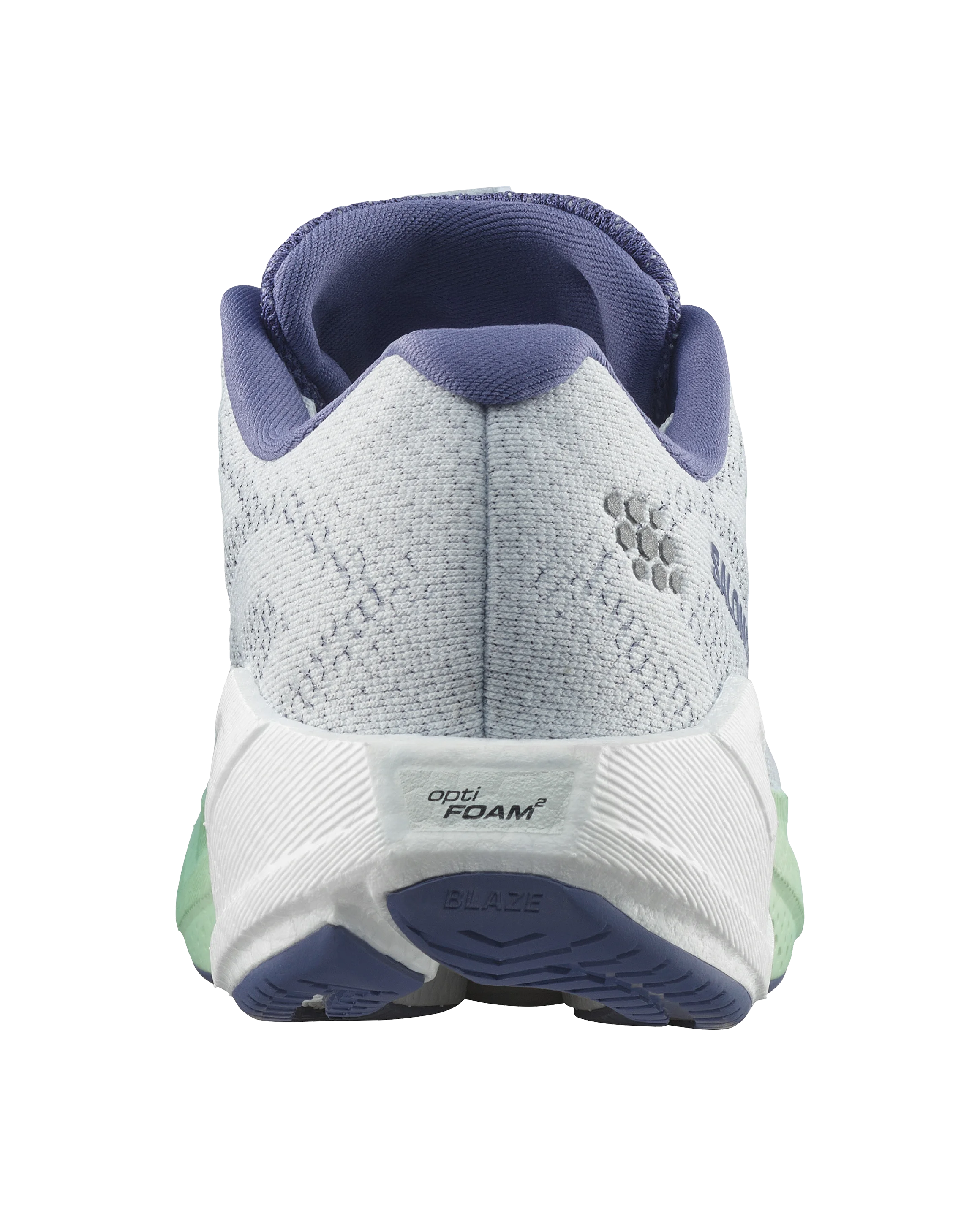 A close-up rear view of a running shoe showing the heel counter, textured knit upper, white and light blue midsole, and a light green outsole edge, on a white background.