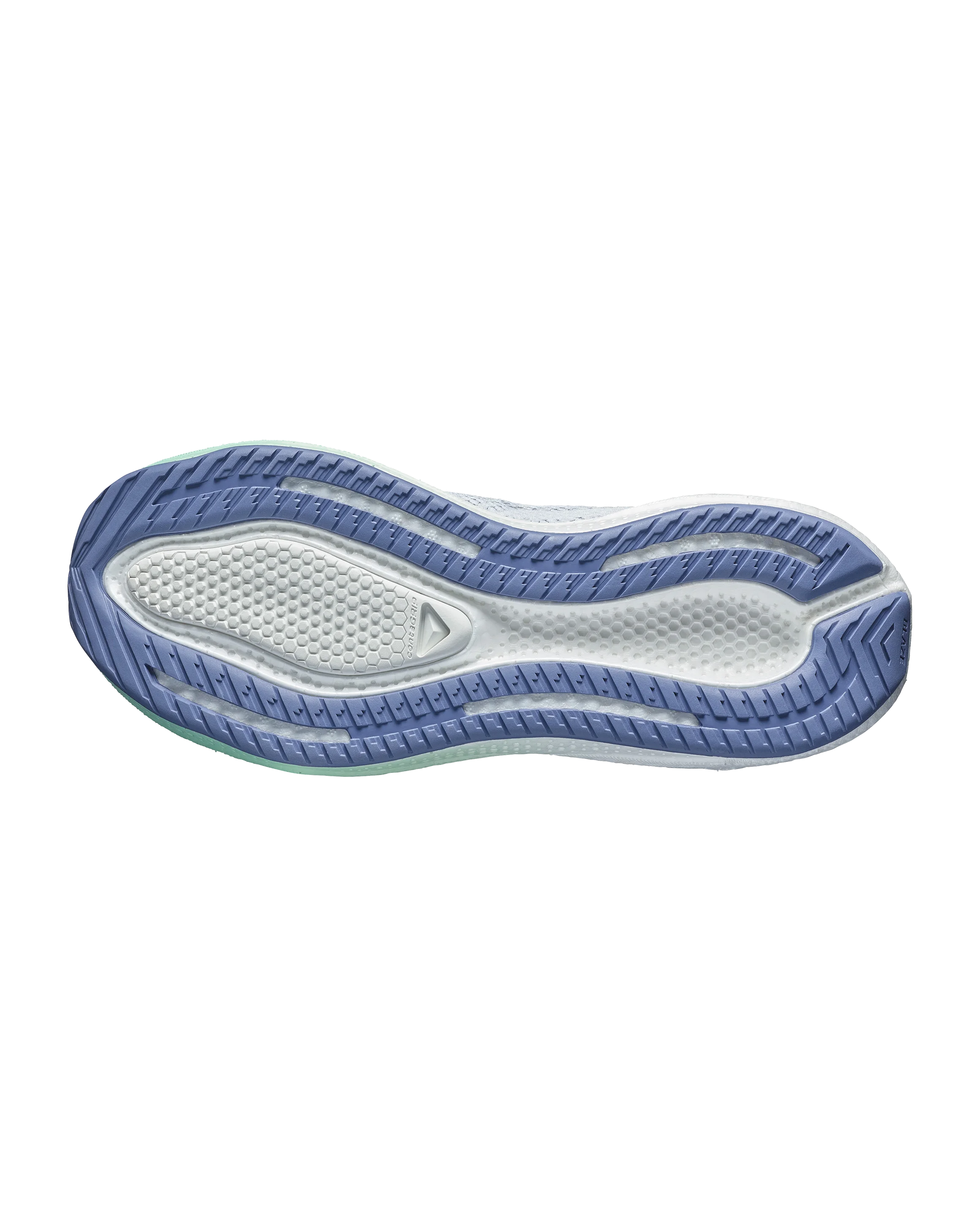 The outsole of a running shoe shown from a top-down view, featuring a white and light blue cushioned tread pattern on a solid white background.