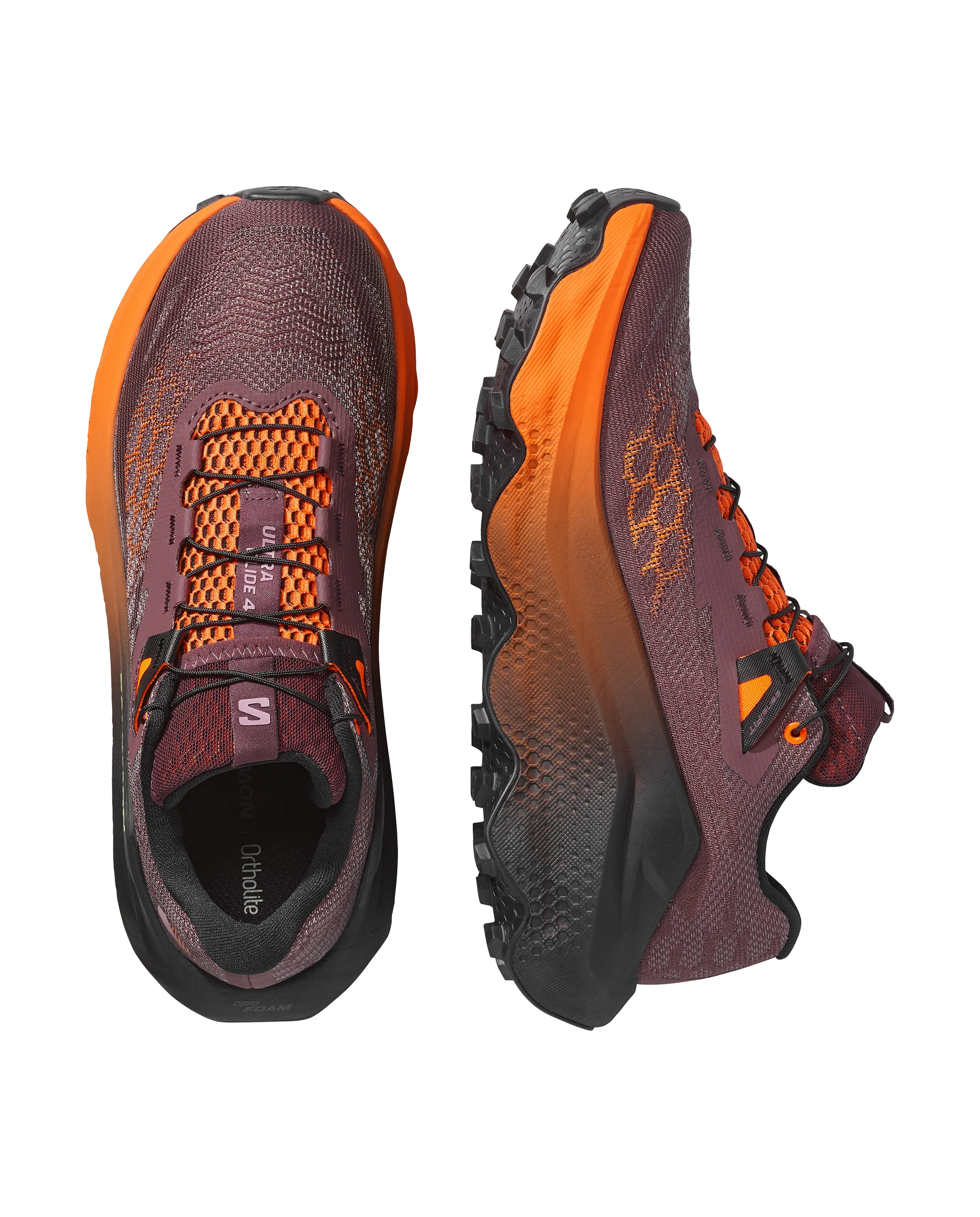 A pair of Salomon trail running shoes shown from the top and side views against a plain white background. The shoes feature a textured dark purple and orange mesh upper with a black and orange midsole.