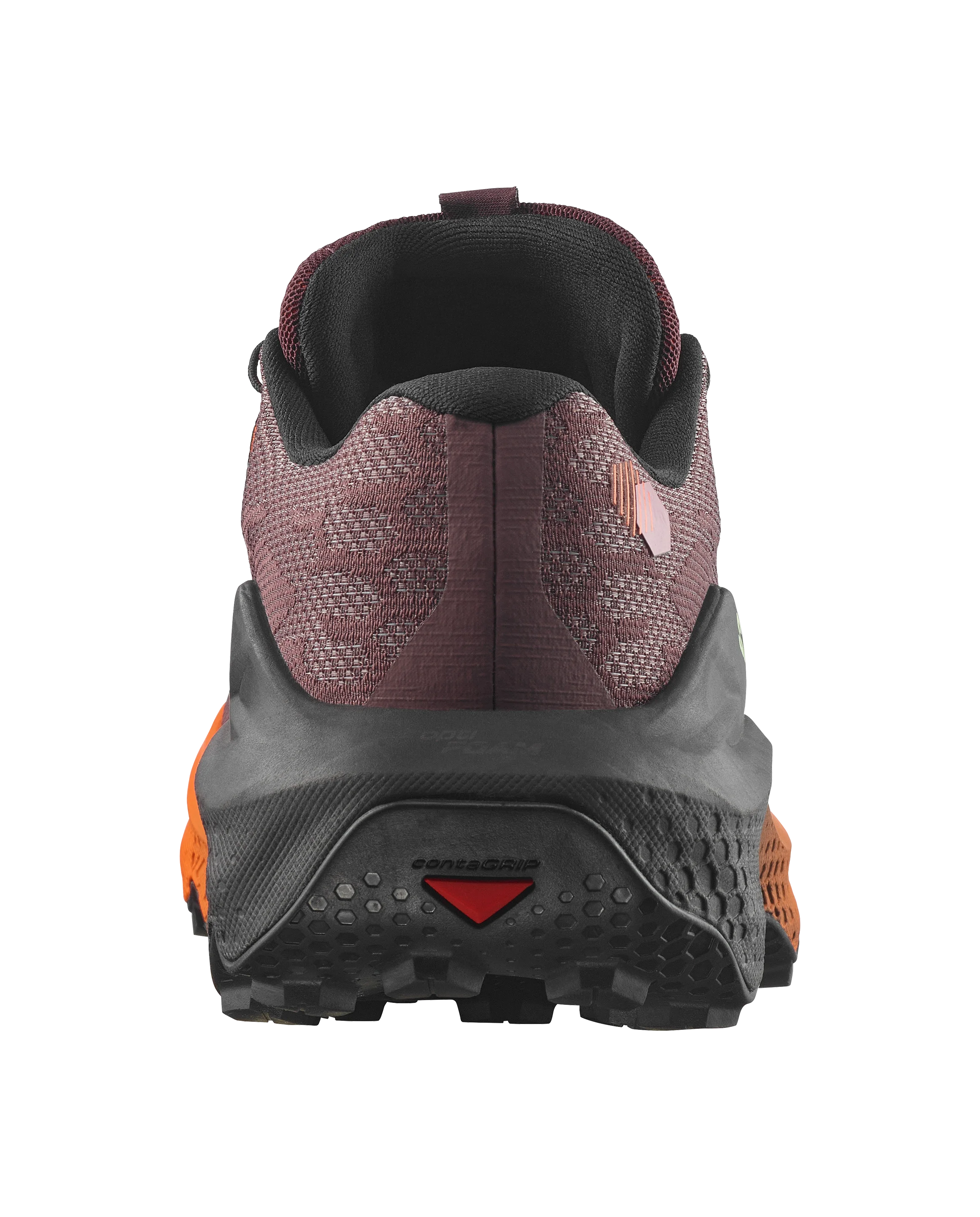 A rear view of a trail running shoe on a plain white background. The shoe features a textured burgundy mesh upper, a thick black midsole, and bright orange accents on the sides and outsole, with a small red triangular logo on the rear of the sole.