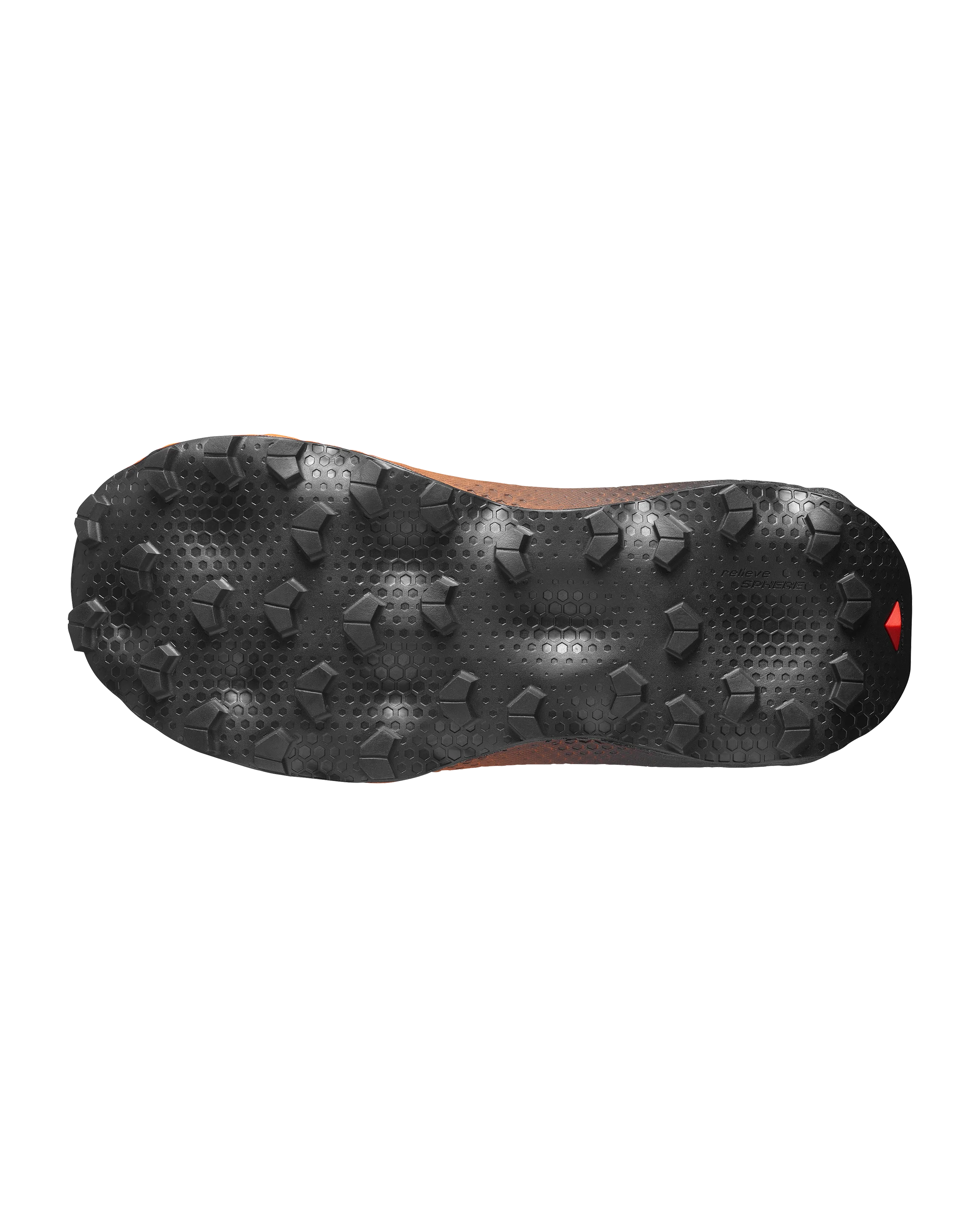 The black textured outsole of a trail running shoe, viewed from the bottom against a solid white background.