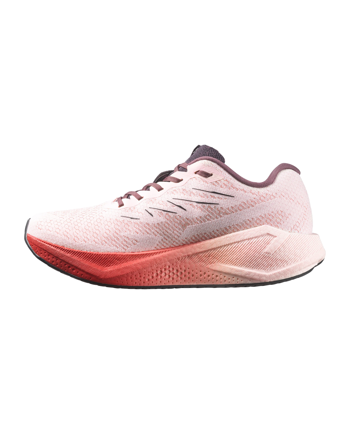 A light pink and coral-red running shoe shown from the side against a plain white background.