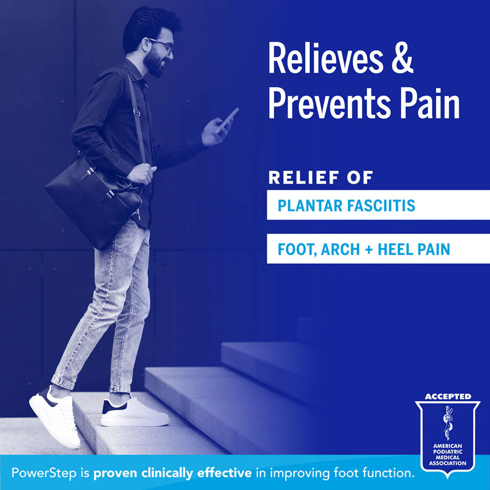Man walking up stairs with text about pain relief for plantar fasciitis on a blue background