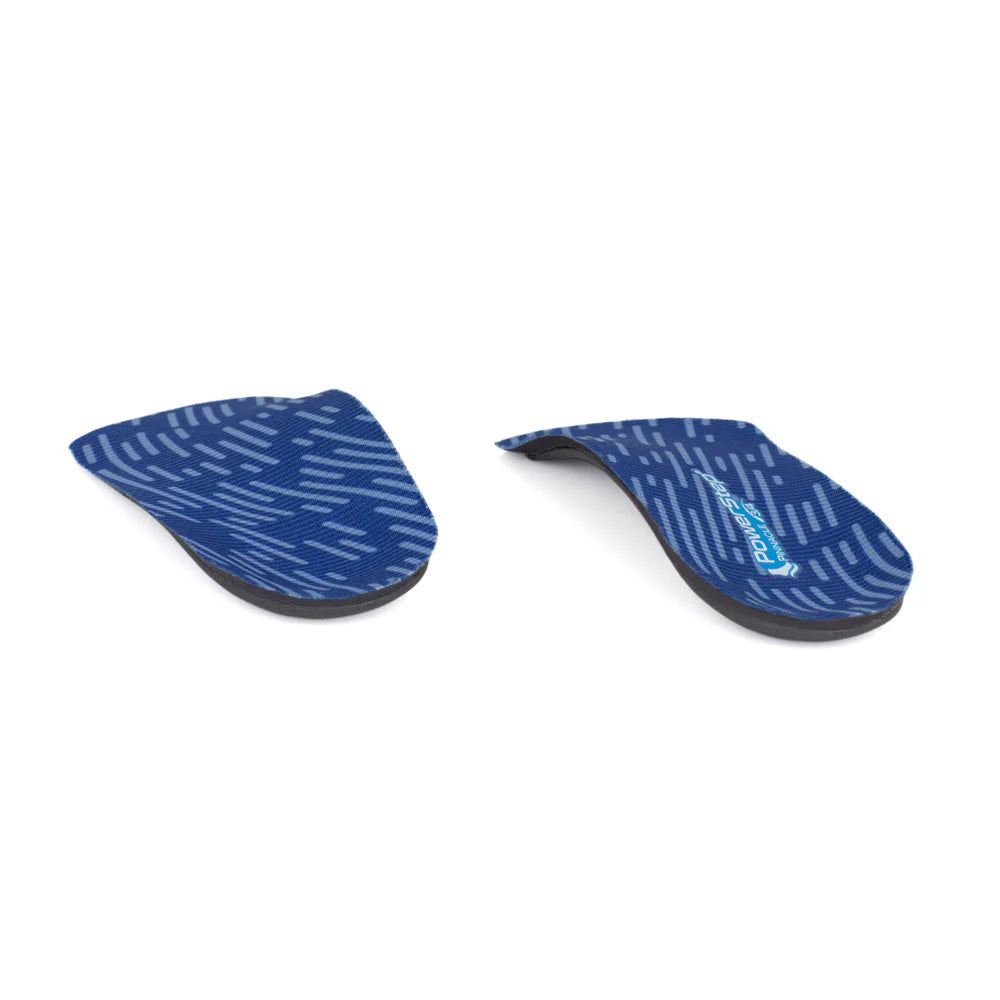 Pair of blue shoe inserts with a pattern on a white background