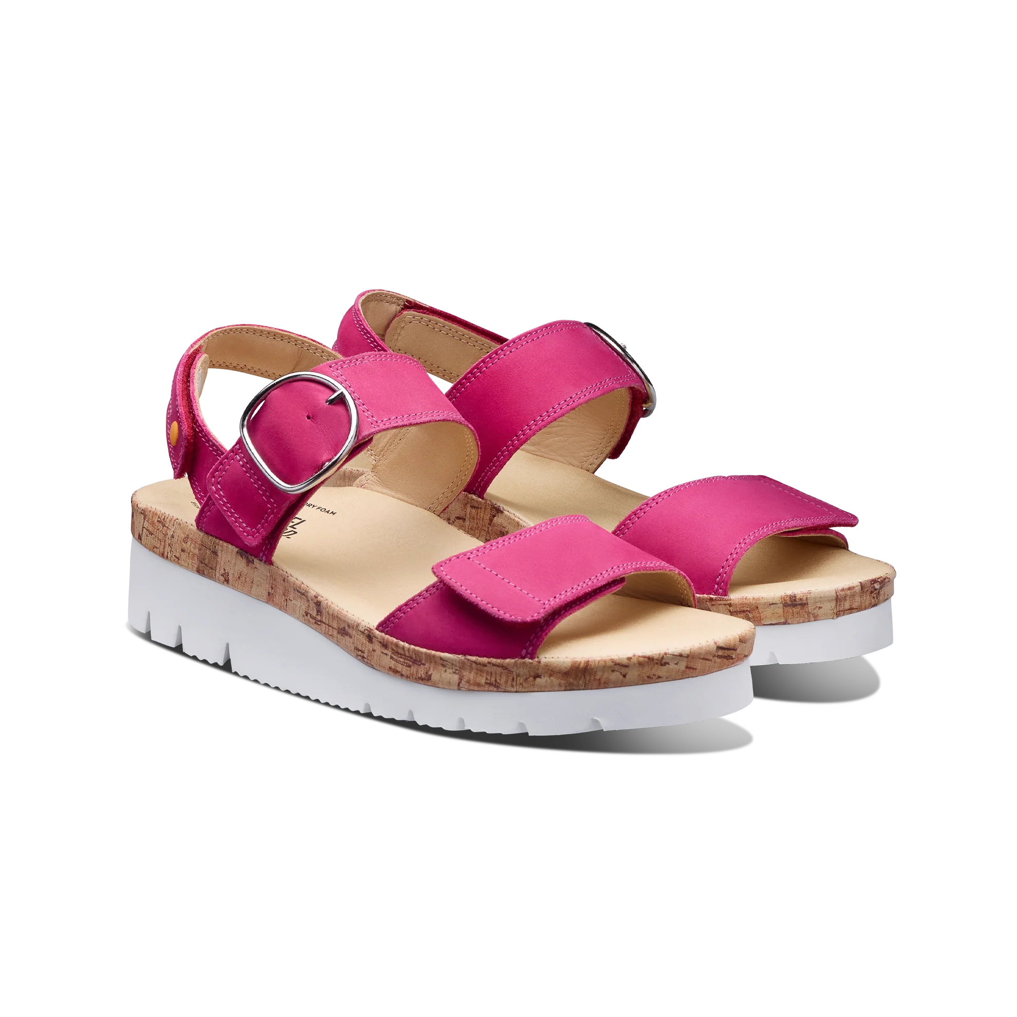 Pink sandals with cork sole on a white background