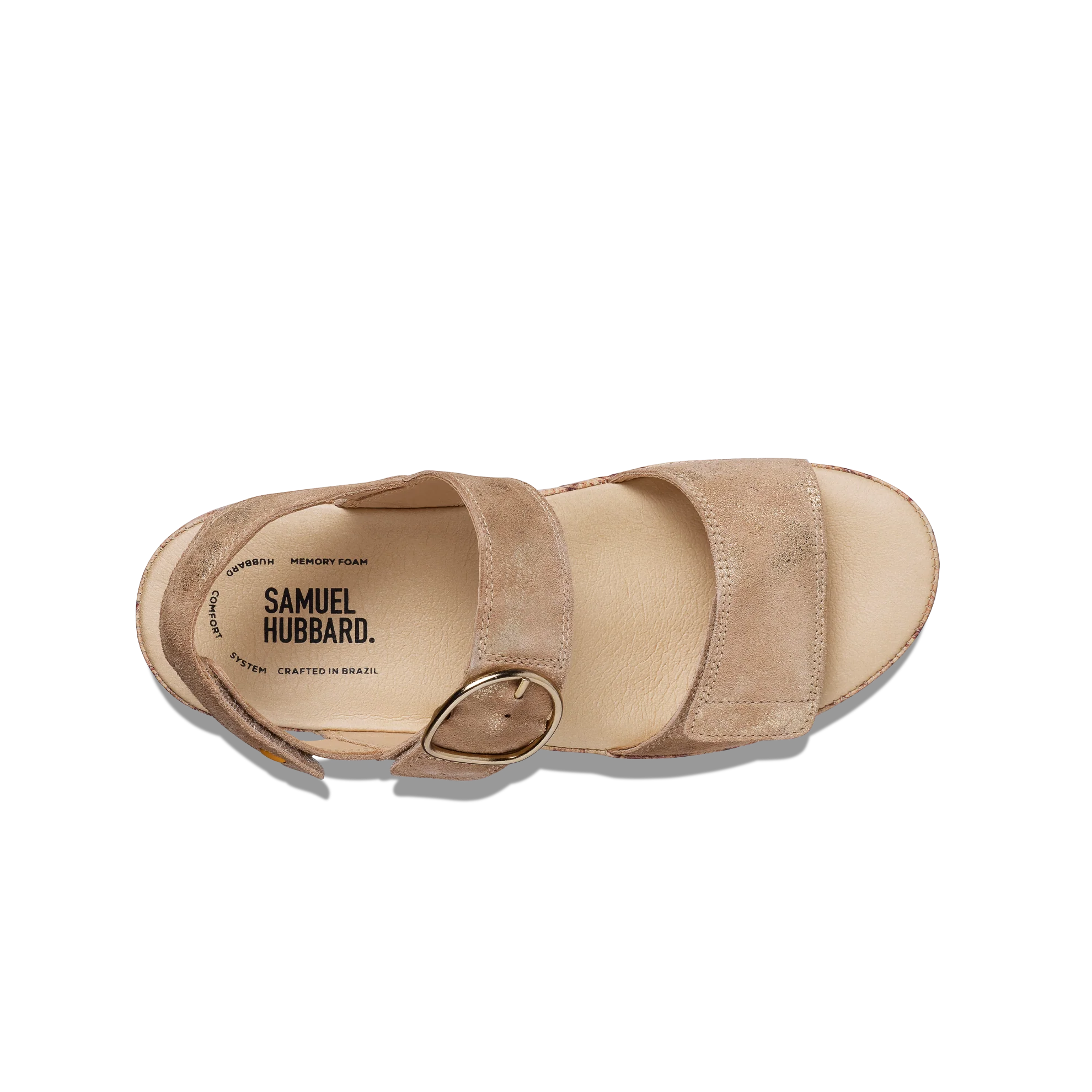 Tan sandal with 'Samuel Hubbard' branding on a white background