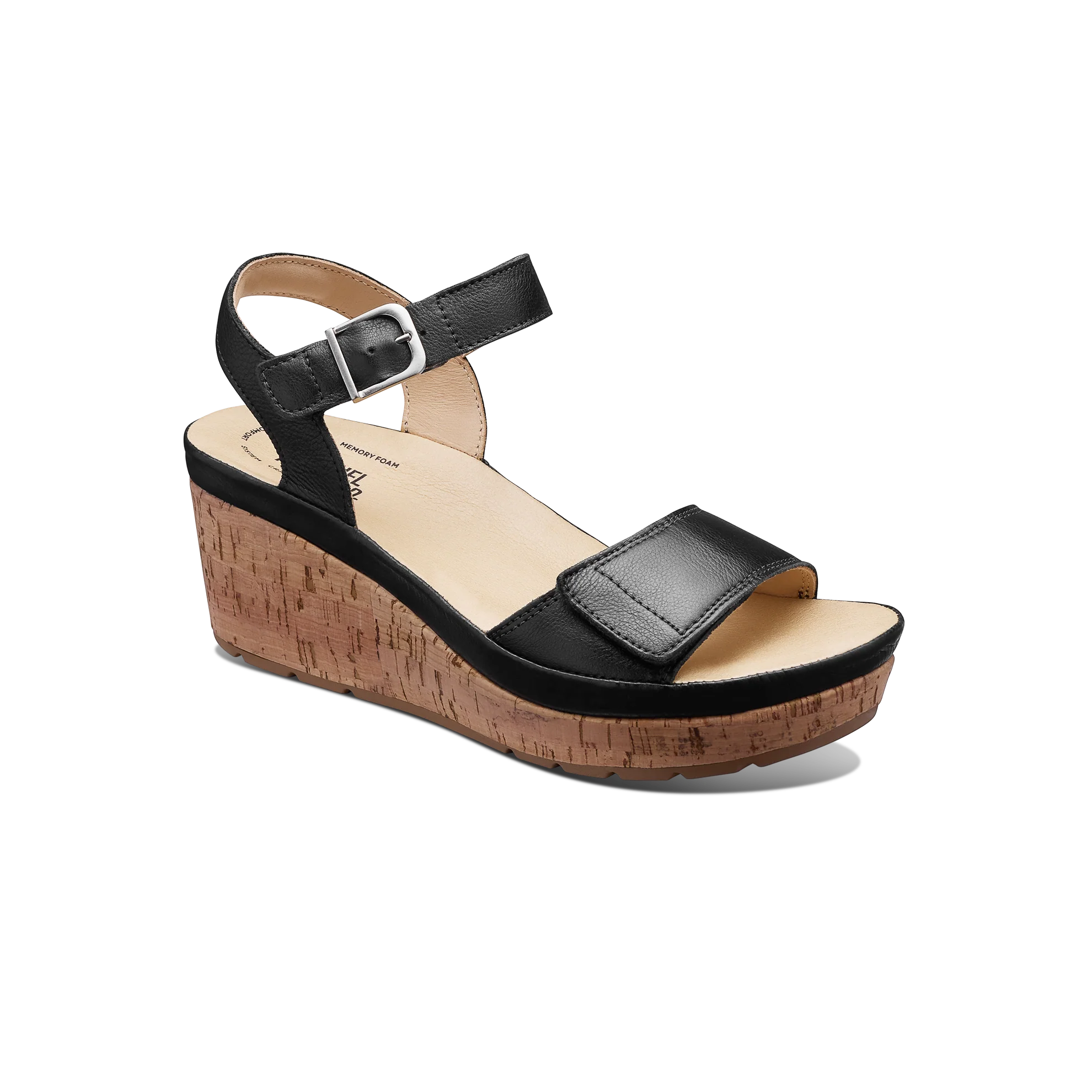 Black wedge sandal with cork sole on a white background