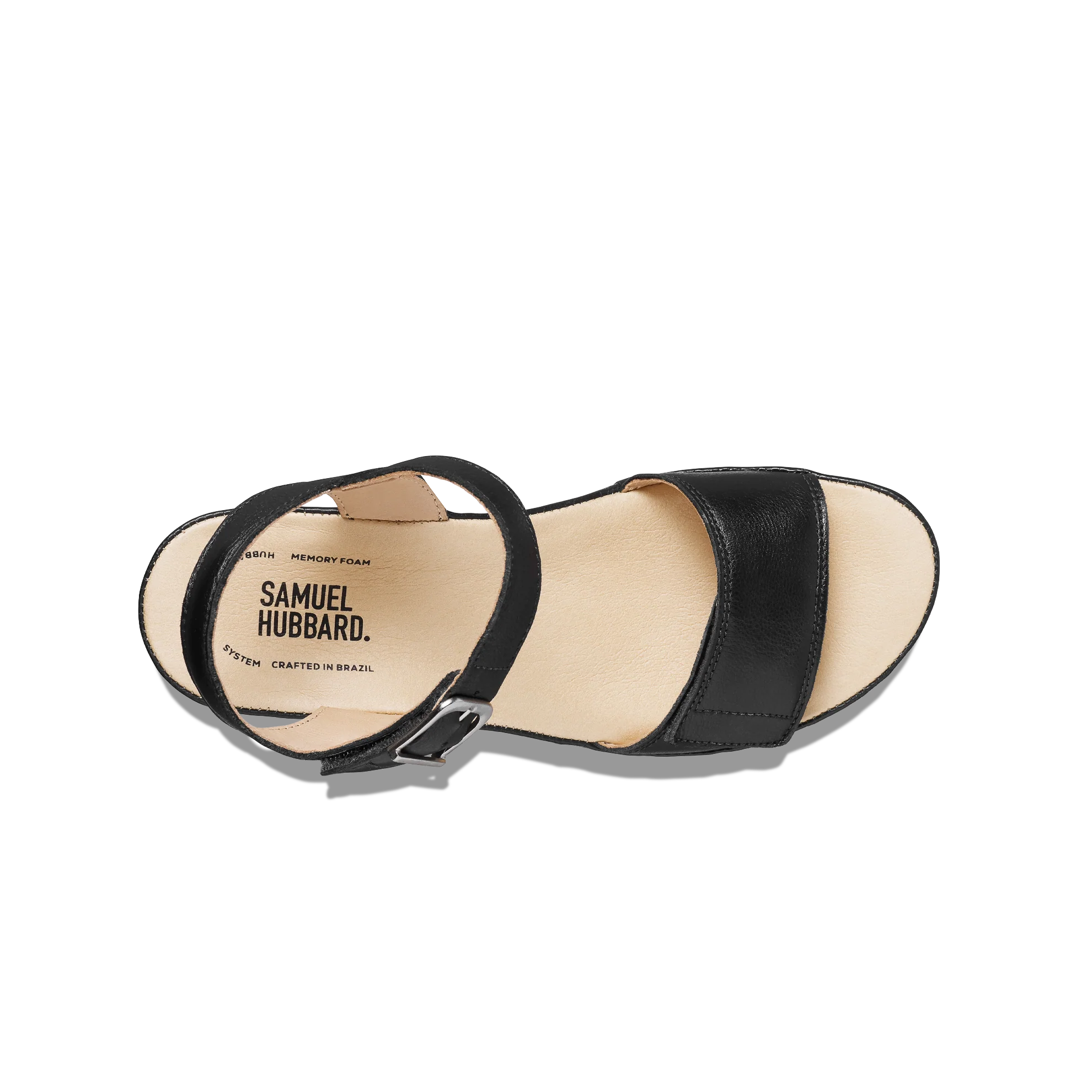 Black sandal with 'Samuel Hubbard' branding on a white background