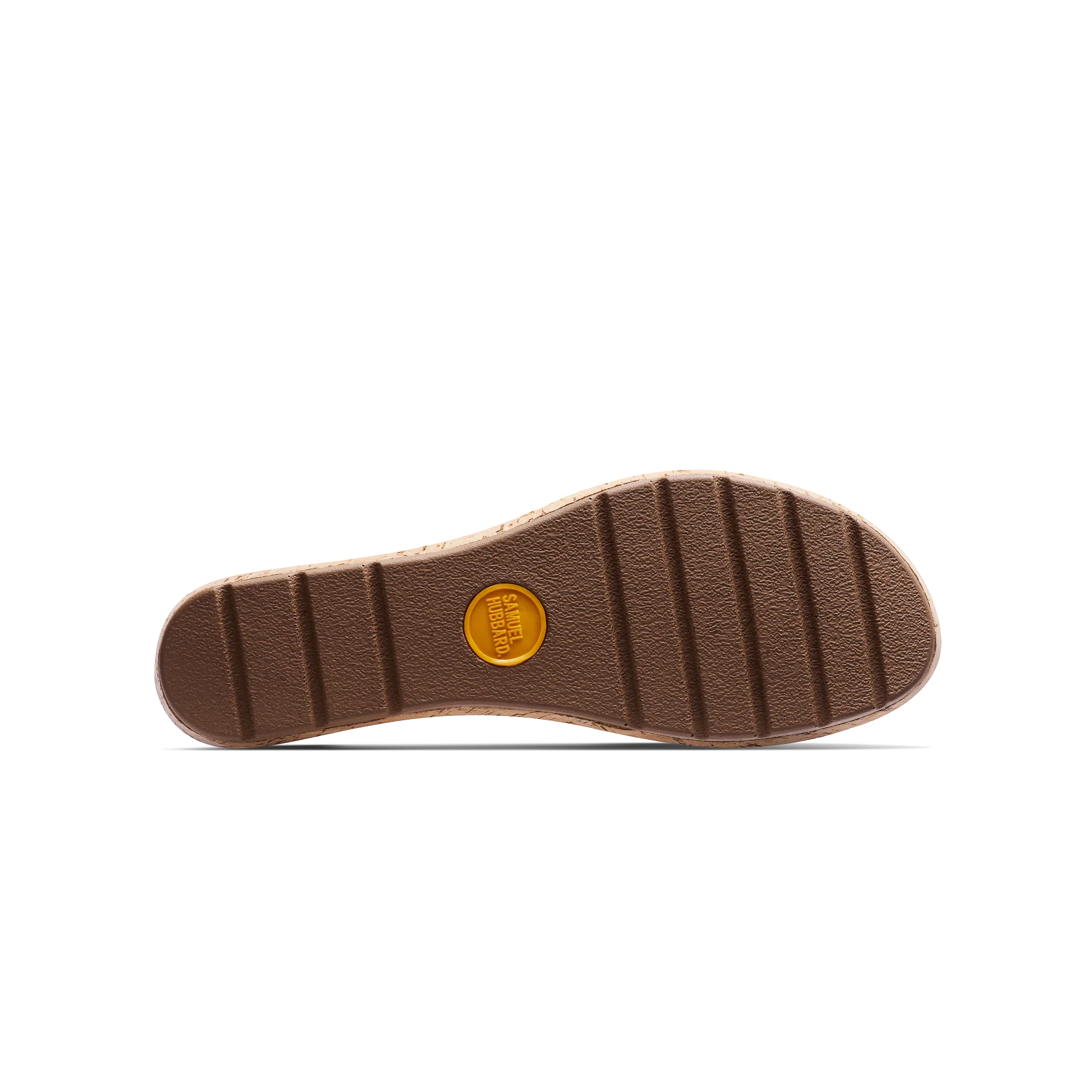 Brown shoe sole with a yellow label on a white background