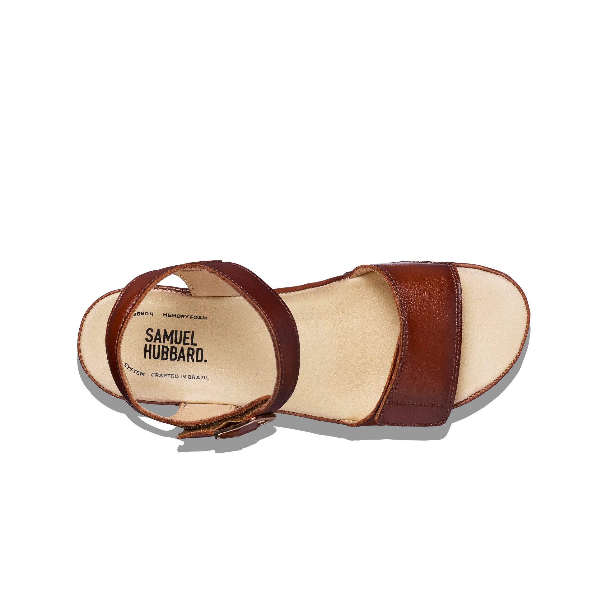 Brown sandal with 'Samuel Hubbard' branding on a white background