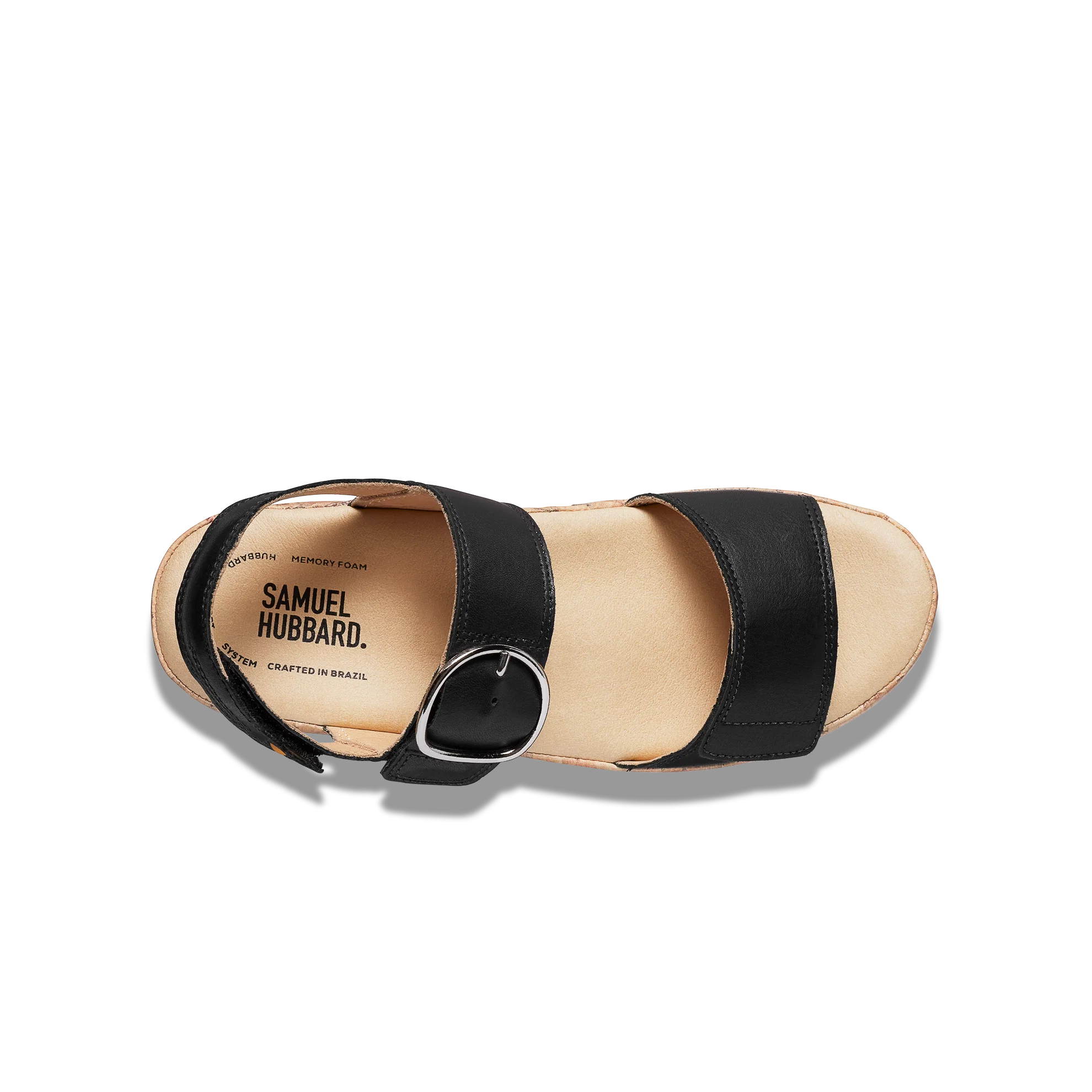 Black sandal with a visible brand label on a white background