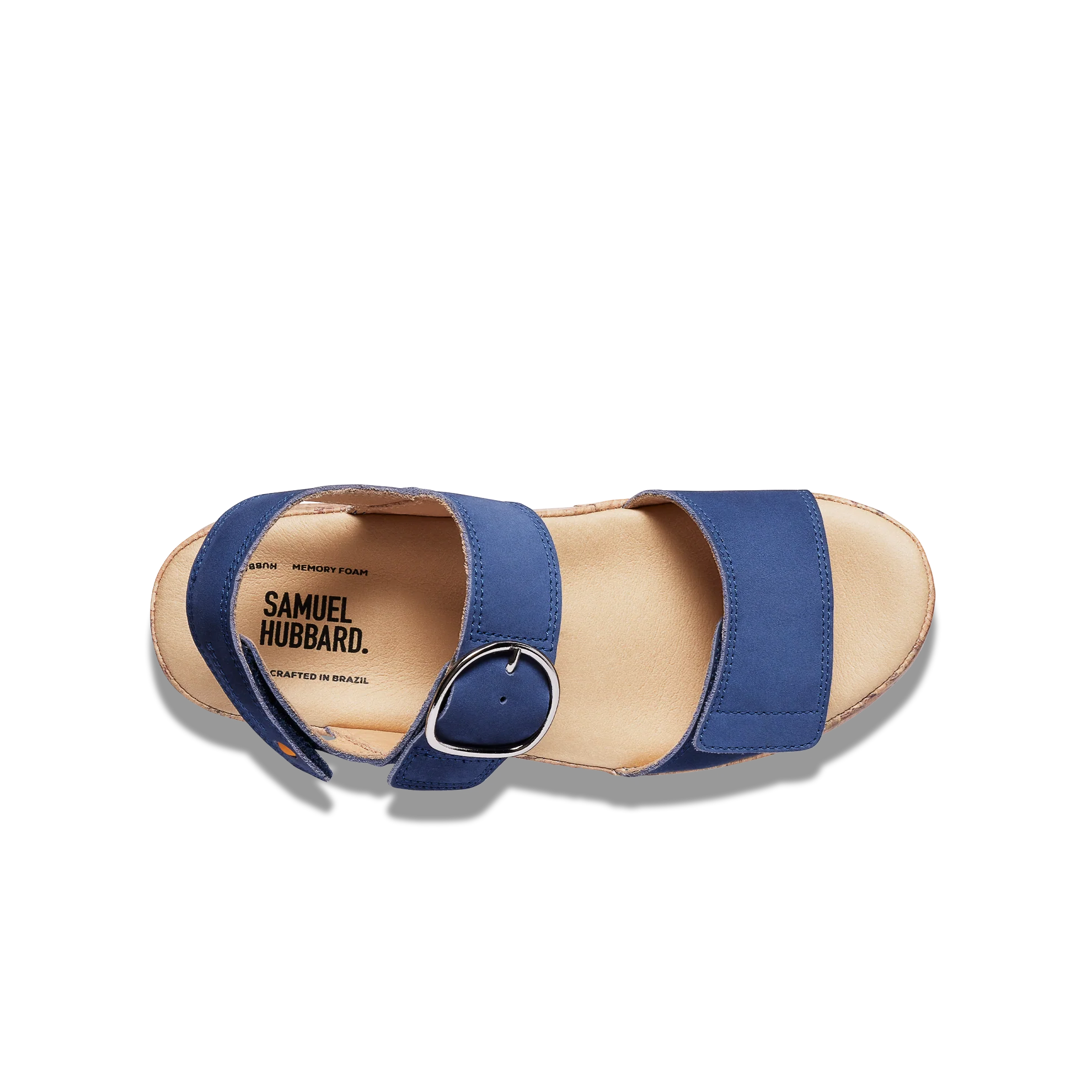 Blue sandal with 'Samuel Hubbard' branding on a white background