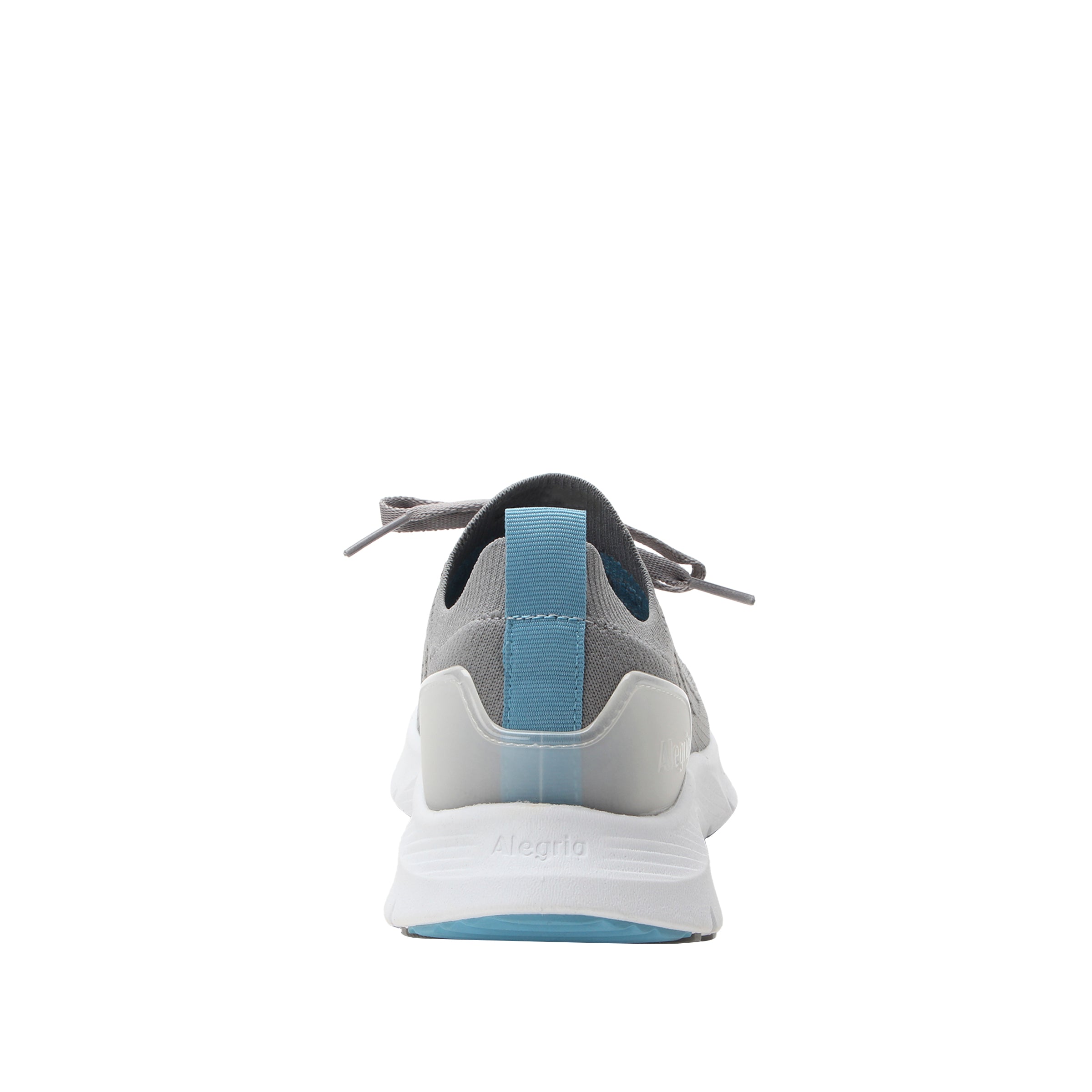 Gray and white sneaker with blue accents on a white background