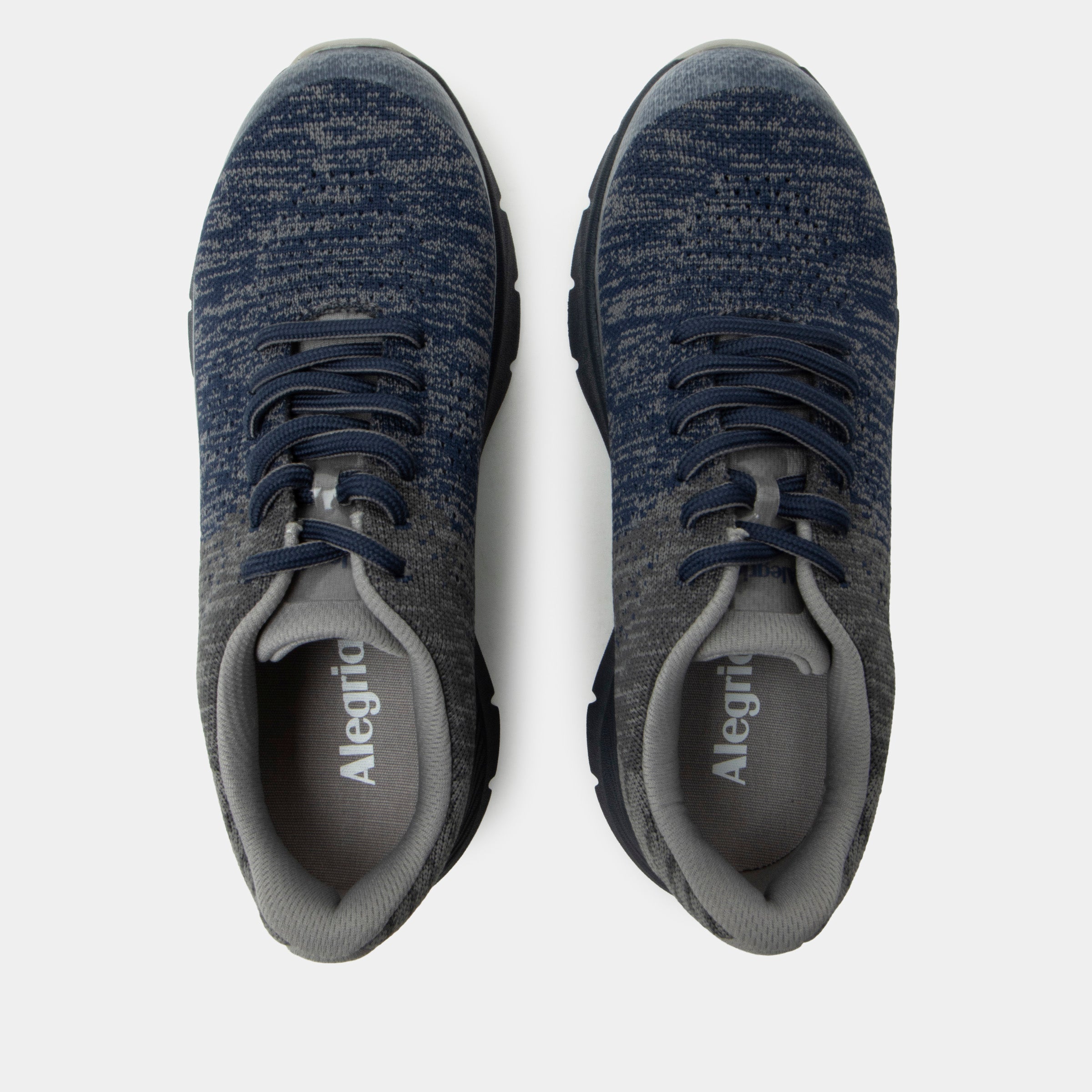 Pair of blue athletic shoes with 'Alegria' branding on a white background