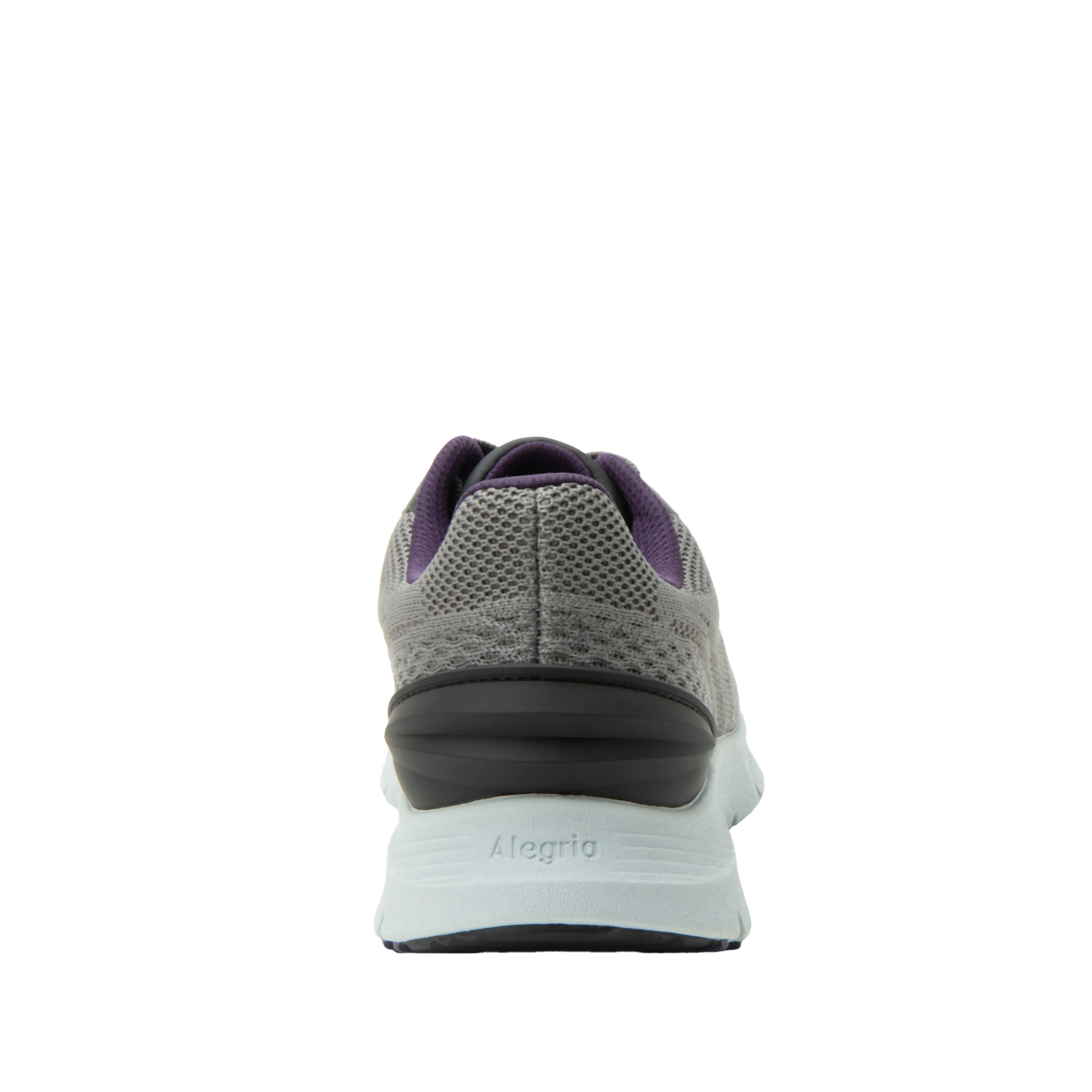 Gray athletic shoe with purple accents on a white background