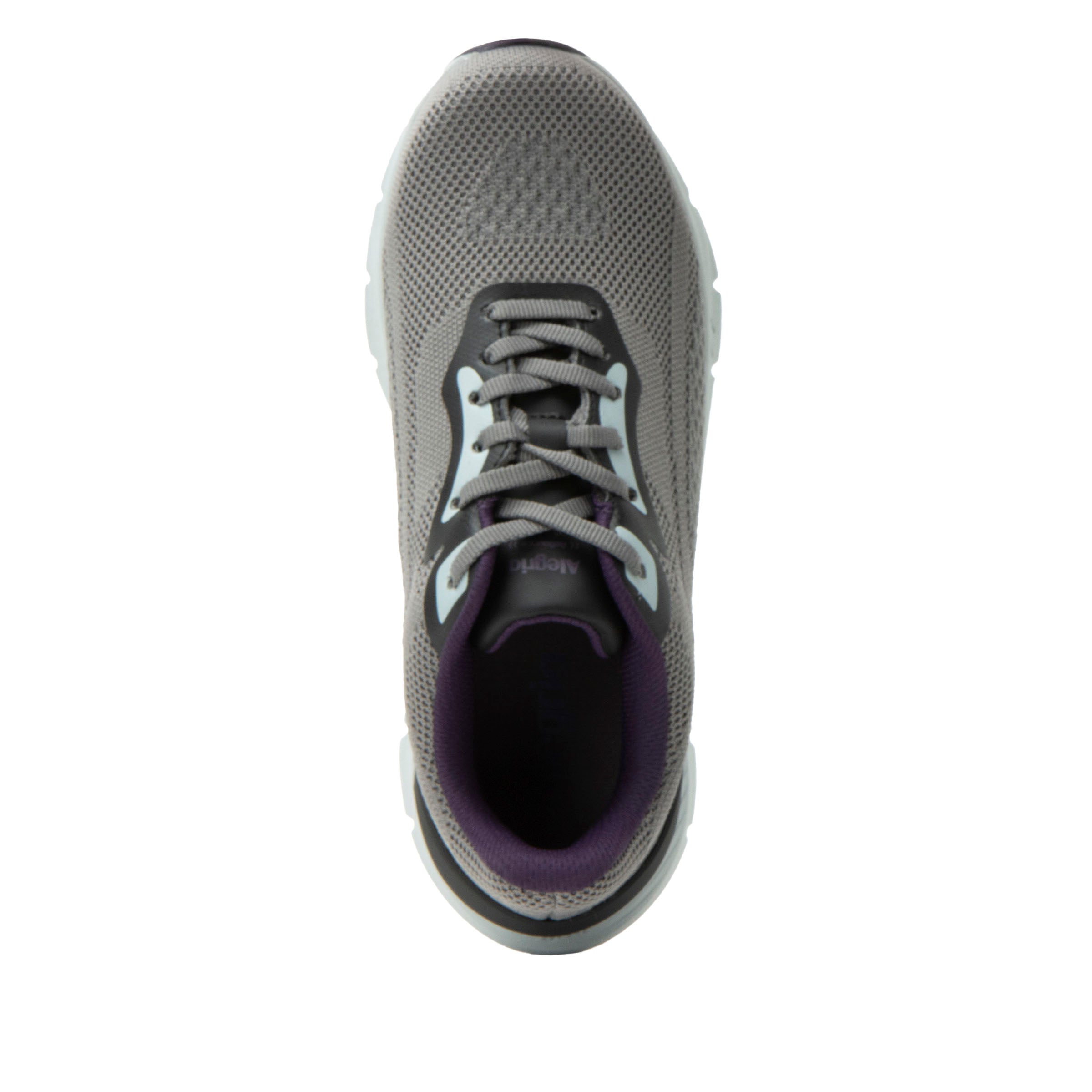 Gray athletic shoe with purple lining on a white background