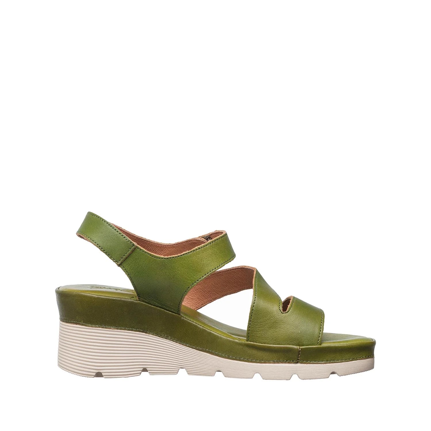 Green sandal with a white sole on a white background