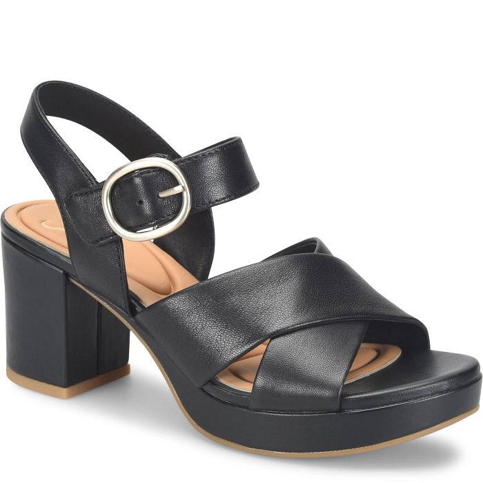 Black sandal with a block heel and buckle on a white background