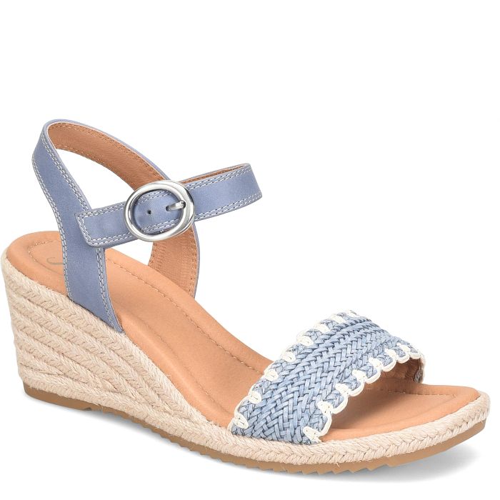 Blue wedge sandal with espadrille sole on a white background