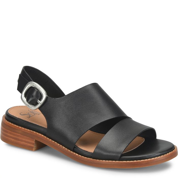 Black sandal with a brown sole on a white background