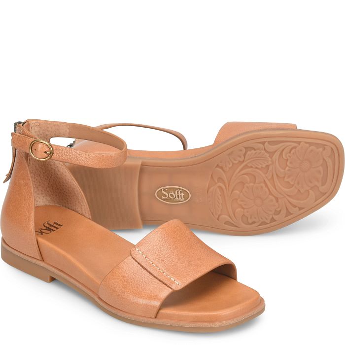 Pair of tan sandals with 'Sofft' branding on a white background