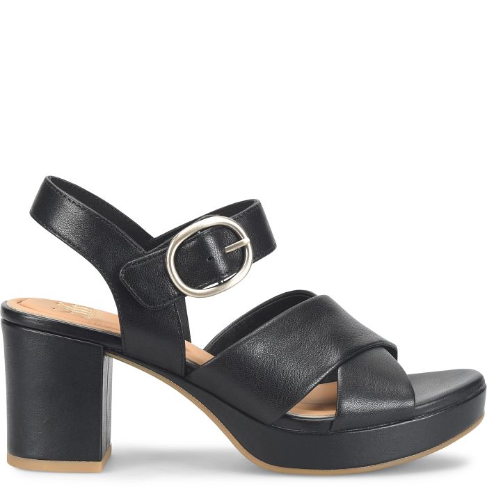 Black sandal with a block heel on a white background