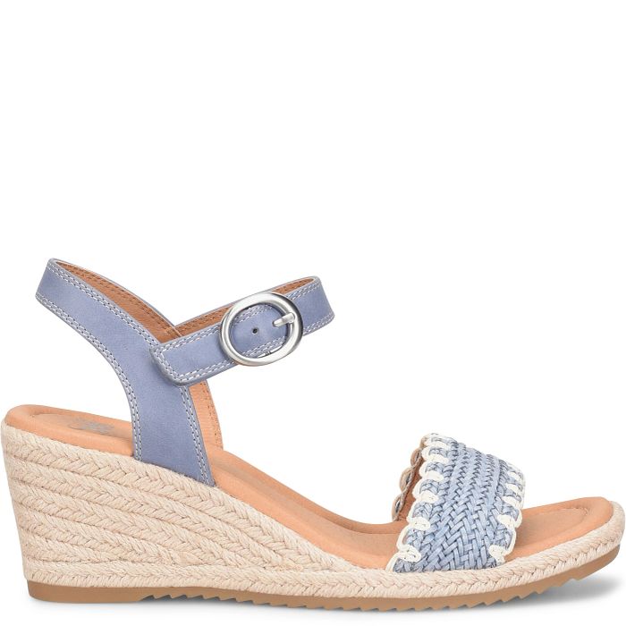 Blue wedge sandal with espadrille sole on a white background