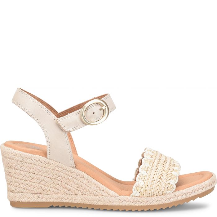 Beige wedge sandal with espadrille sole on a white background