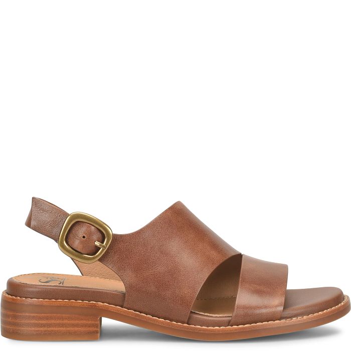 Brown sandal with a gold buckle on a white background