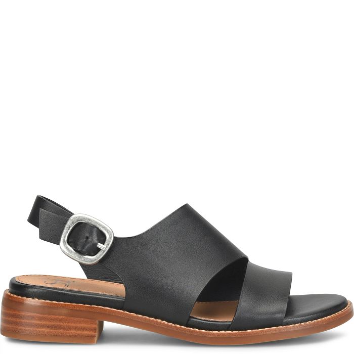 Black sandal with wooden sole on a white background