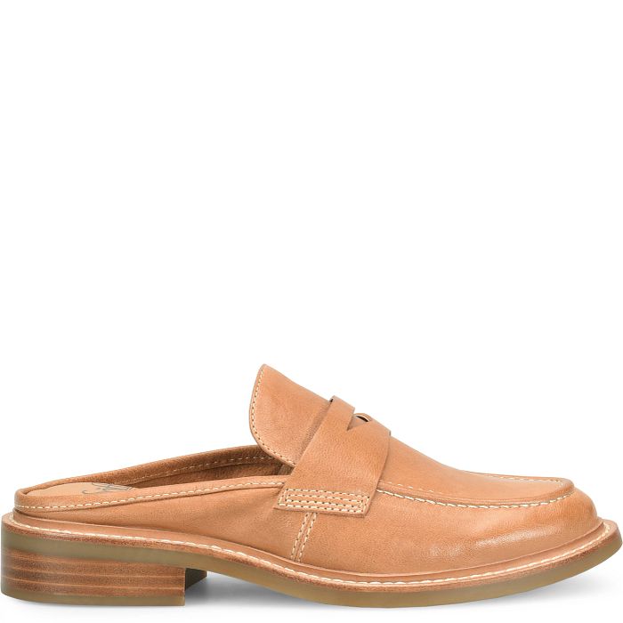 A tan leather slip-on loafer mule with a low stacked heel, shown from a side profile on a white background.
