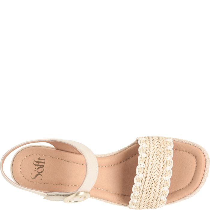 Beige sandal with woven strap on a white background