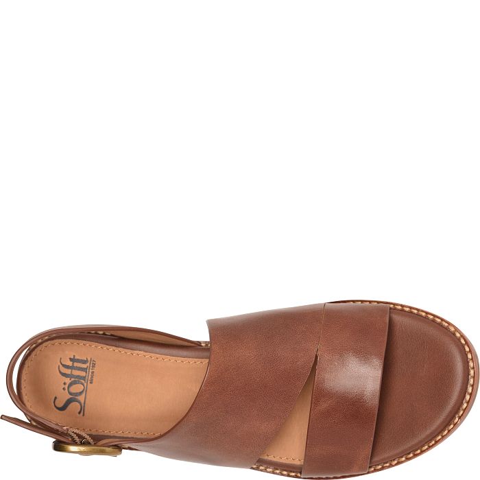 Brown sandal with 'Sofft' branding on a white background