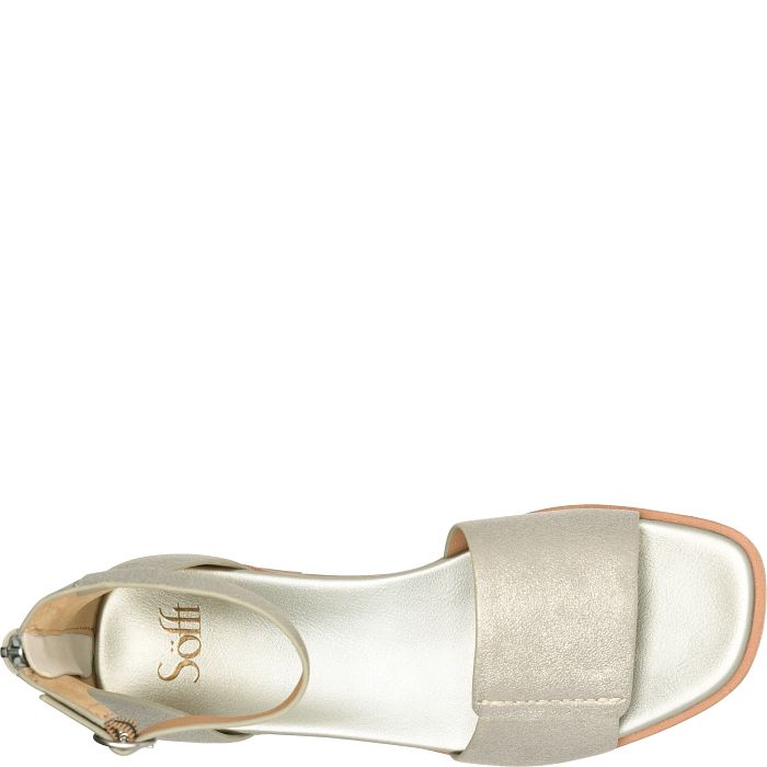 Gold sandal with 'Sofft' branding on a white background
